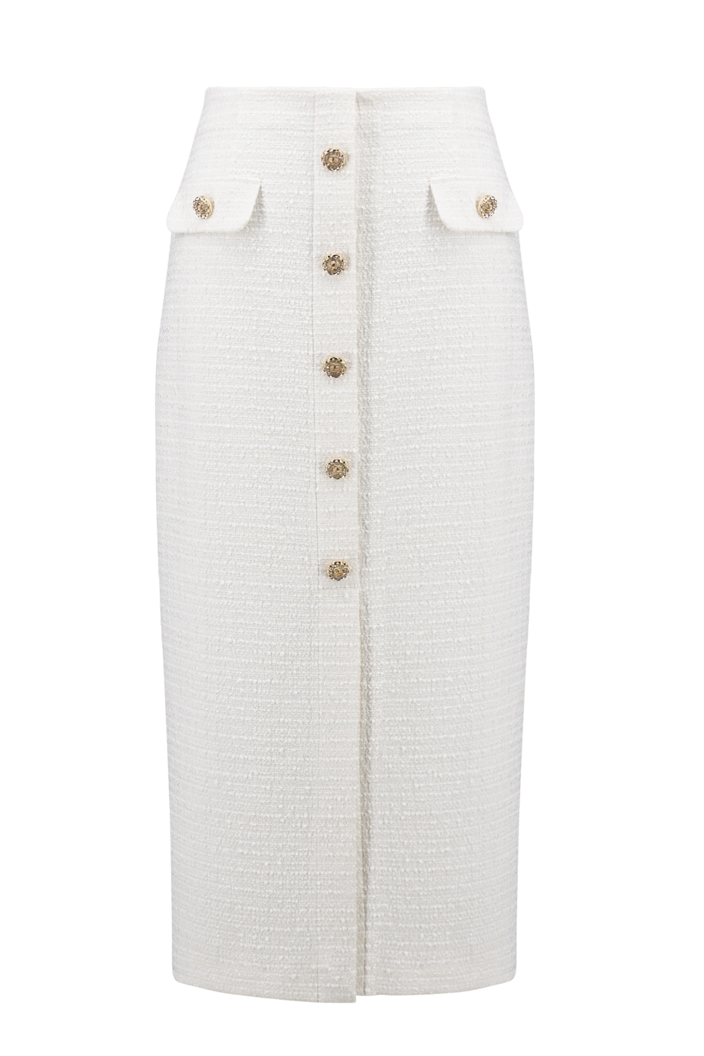 Joseph Ribkoff 261301 off-white bouclé A-line skirt with gold button trim