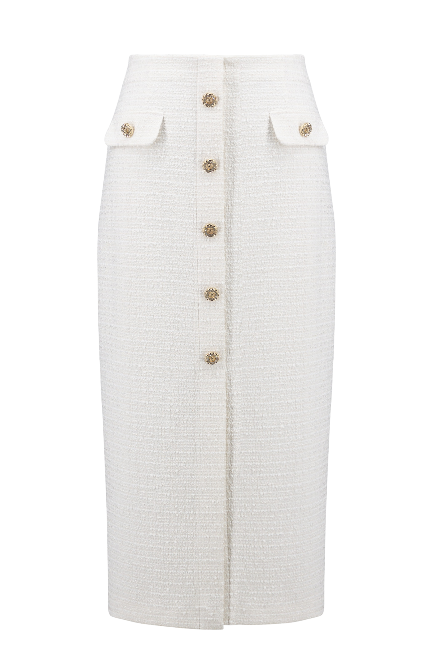 Joseph Ribkoff 261301 off-white bouclé A-line skirt with gold button trim
