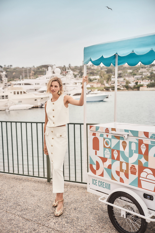 Joseph Ribkoff 261301 off-white bouclé A-line skirt with gold button trim