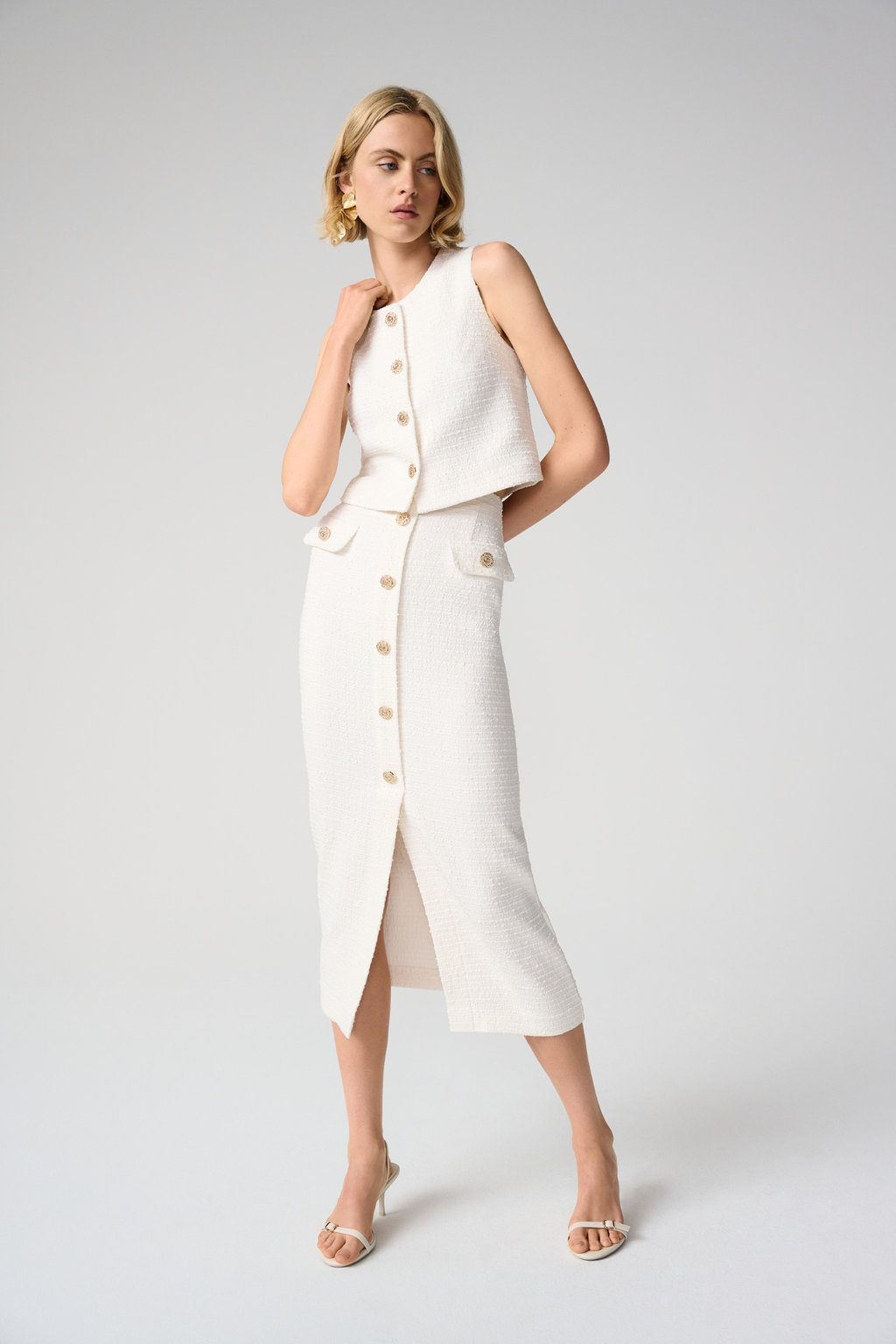 Joseph Ribkoff 261301 off-white bouclé A-line skirt with gold button trim