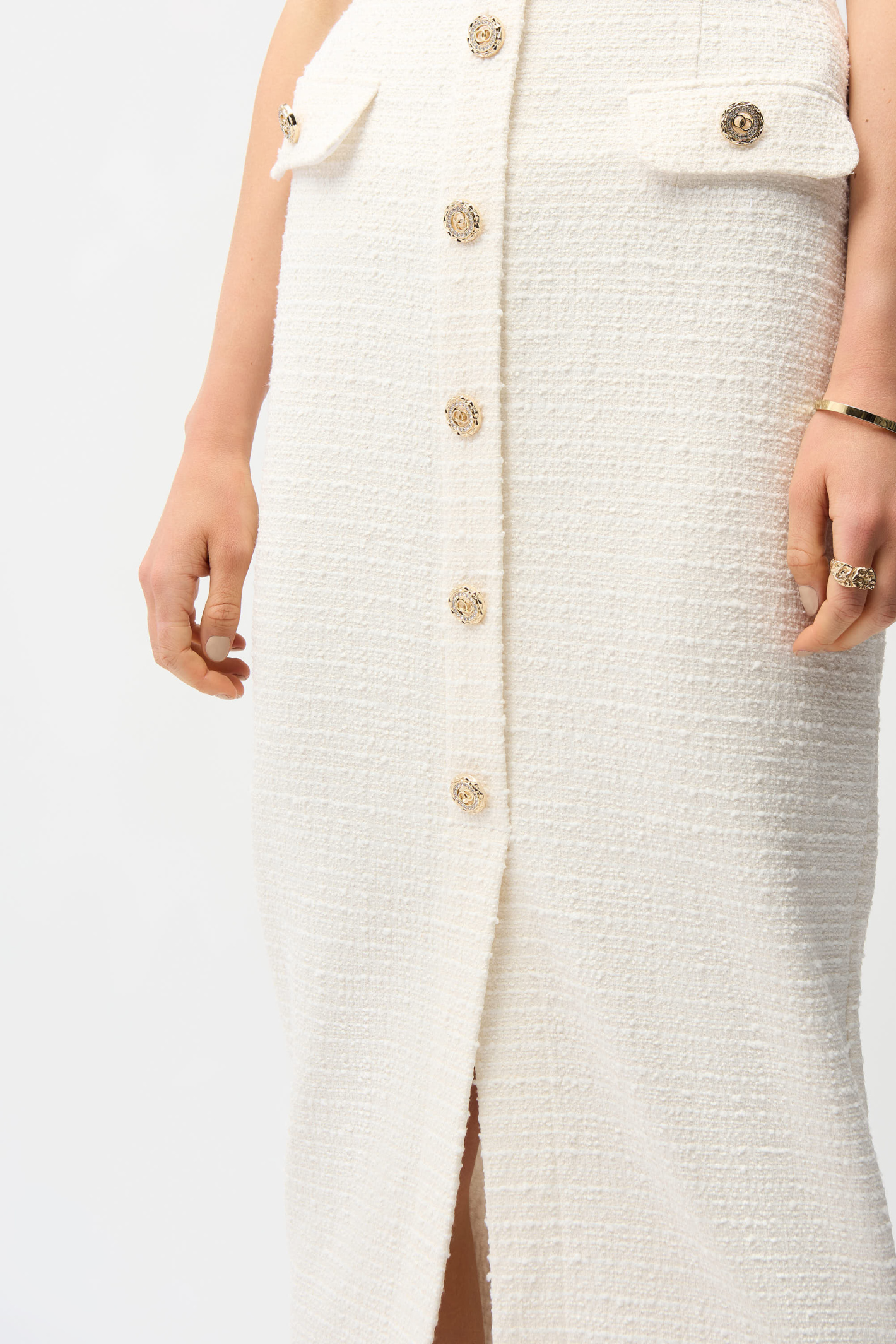 Joseph Ribkoff 261301 off-white bouclé A-line skirt with gold button trim