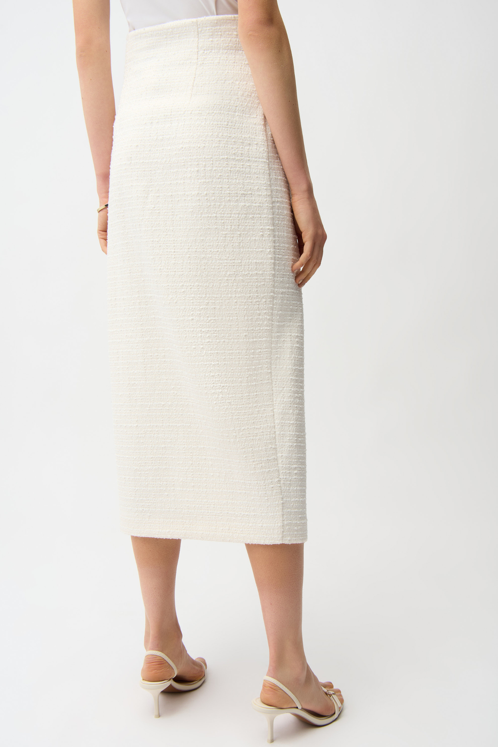Joseph Ribkoff 261301 off-white bouclé A-line skirt with gold button trim