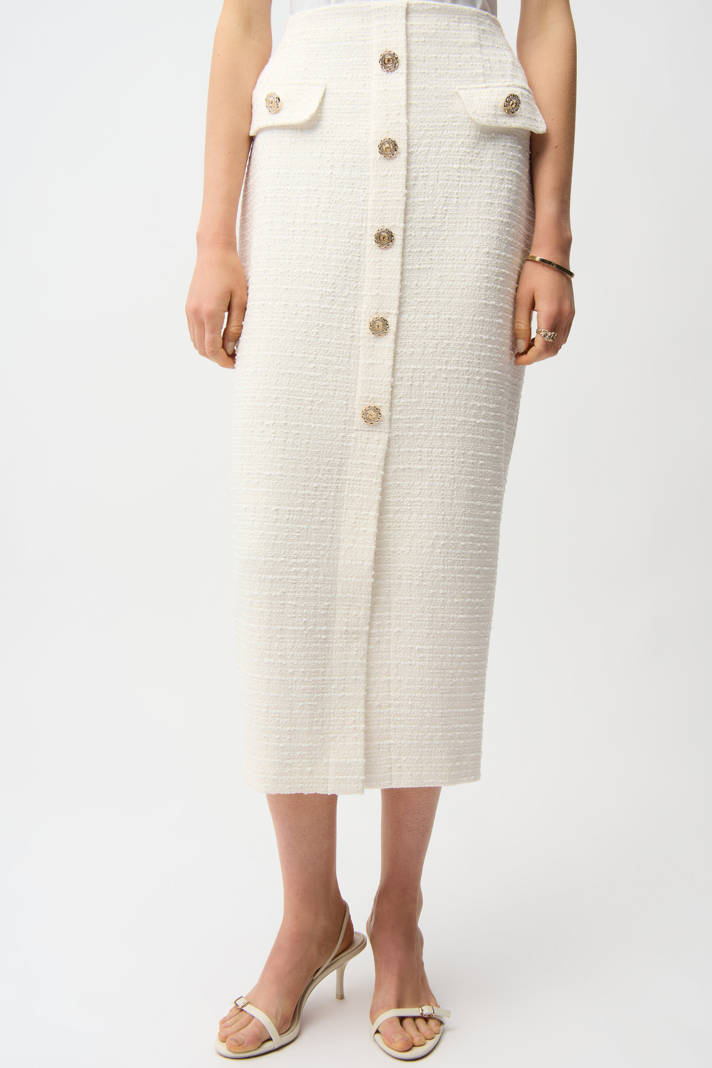 Joseph Ribkoff 261301 off-white bouclé A-line skirt with gold button trim
