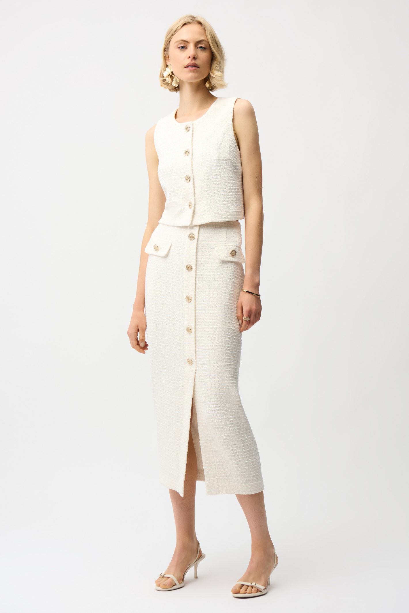 Joseph Ribkoff 261301 off-white bouclé A-line skirt with gold button trim