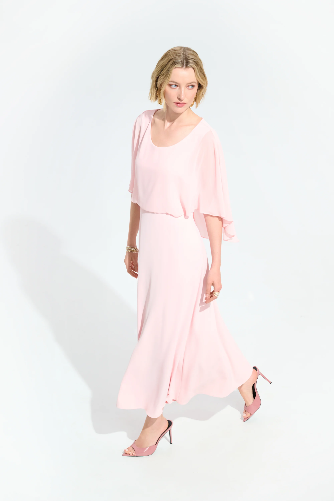 Joseph Ribkoff 261708 Petal Pink A-line dress with chiffon overlay and cape back