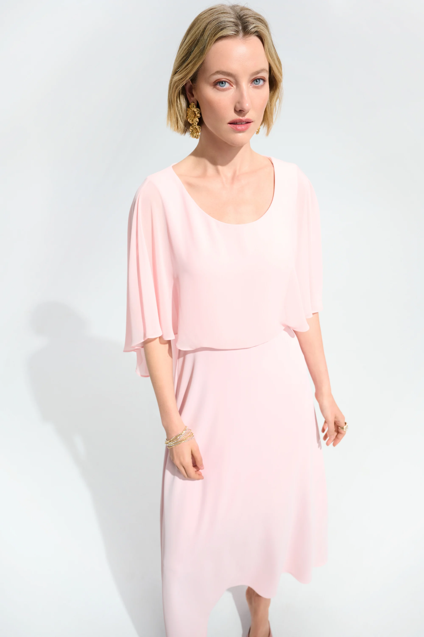 Joseph Ribkoff 261708 Petal Pink A-line dress with chiffon overlay and cape back