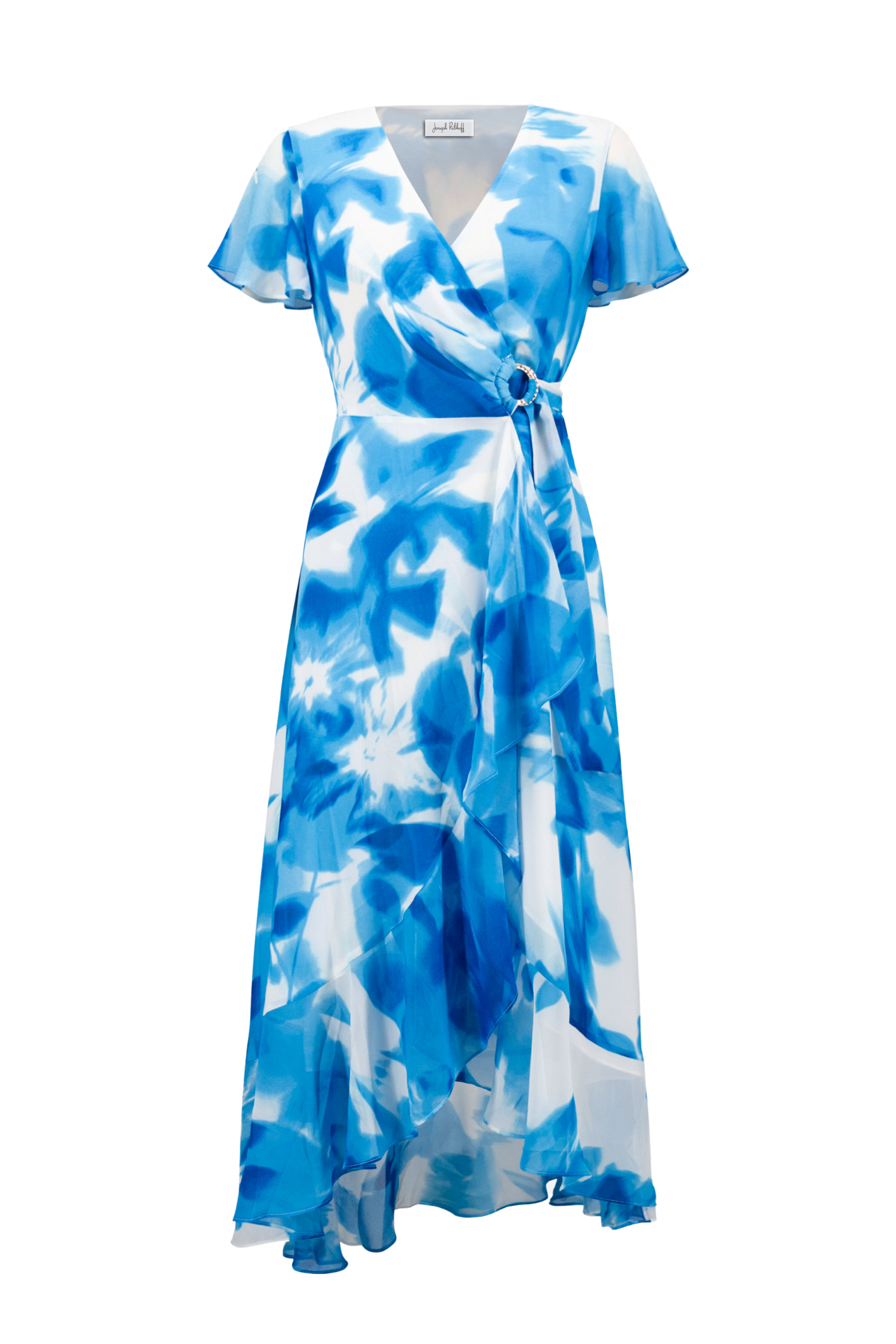 Joseph Ribkoff 261739 Vanilla and Blue chiffon wrap dress with ruffle detail