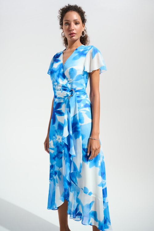 Joseph Ribkoff 261739 Vanilla and Blue chiffon wrap dress with ruffle detail