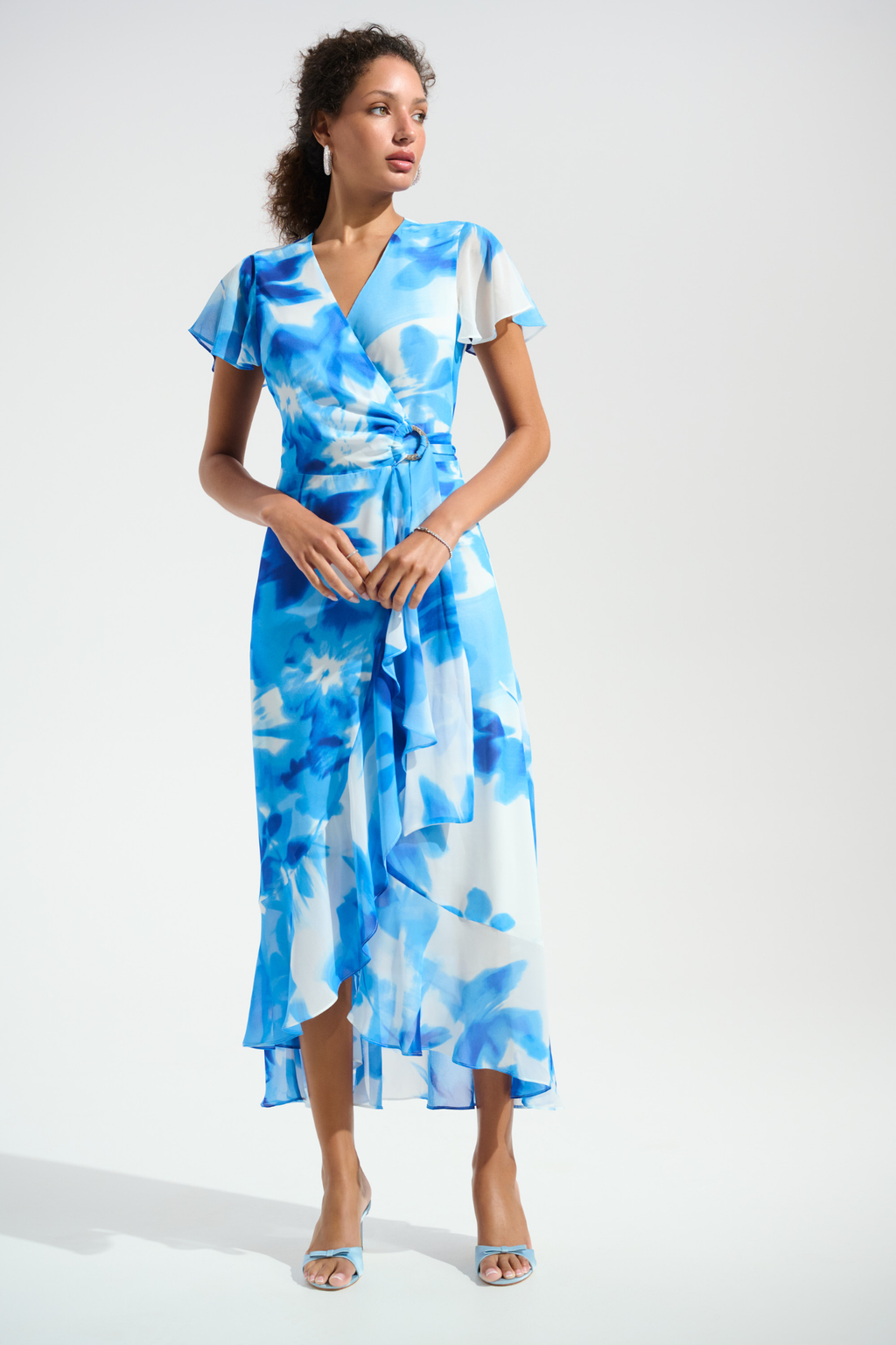 Joseph Ribkoff 261739 Vanilla and Blue chiffon wrap dress with ruffle detail