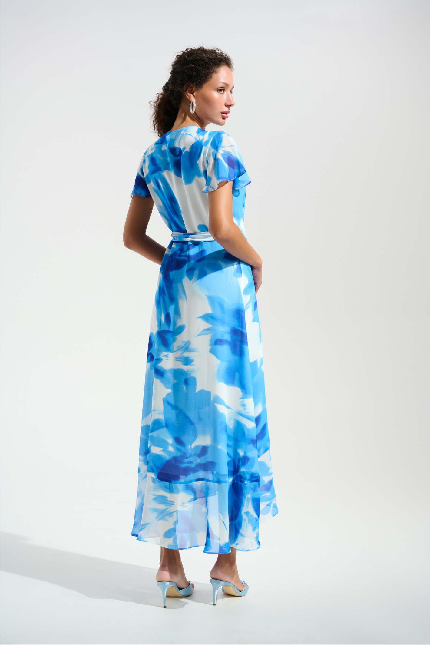 Joseph Ribkoff 261739 Vanilla and Blue chiffon wrap dress with ruffle detail