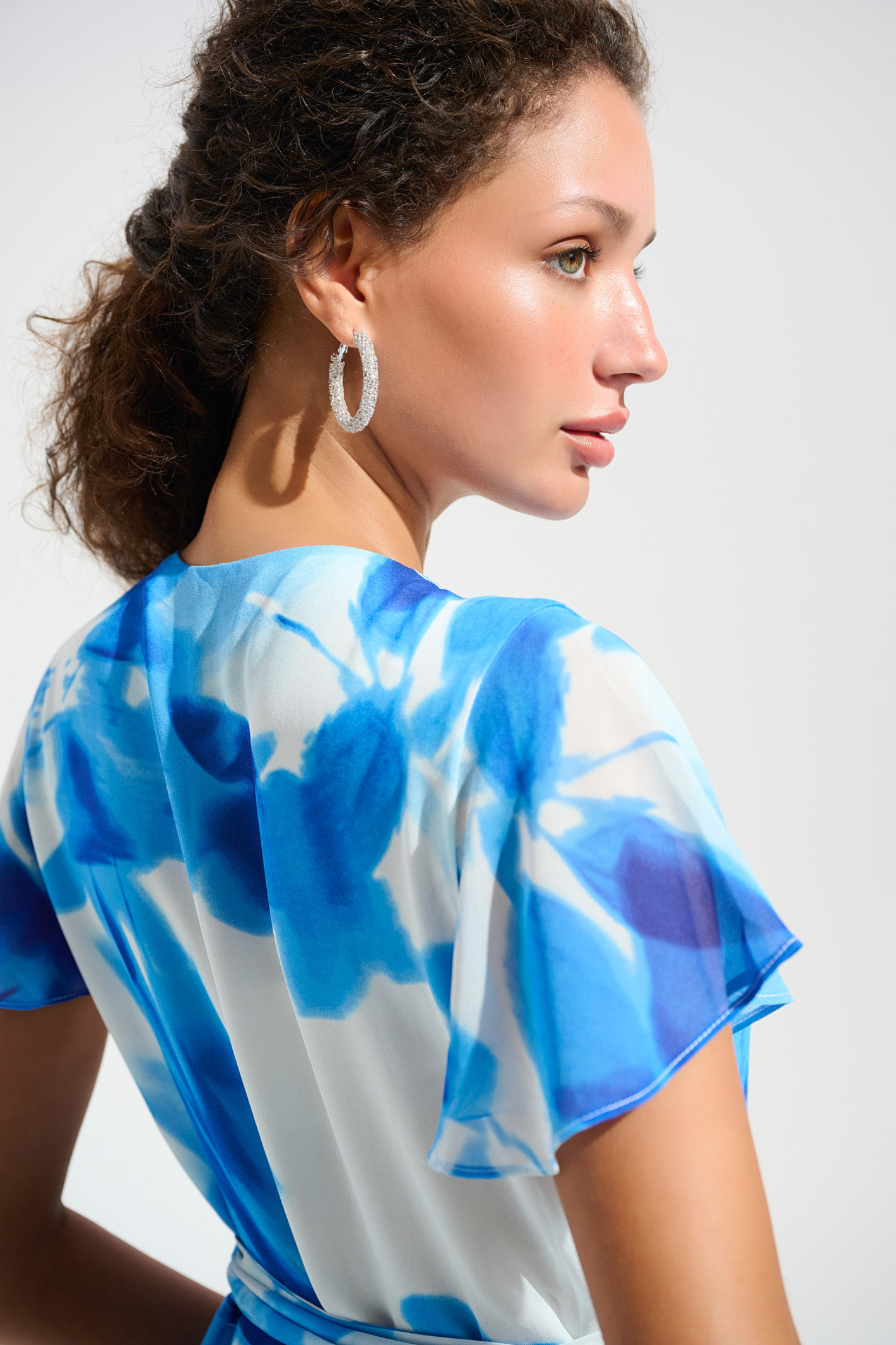 Joseph Ribkoff 261739 Vanilla and Blue chiffon wrap dress with ruffle detail