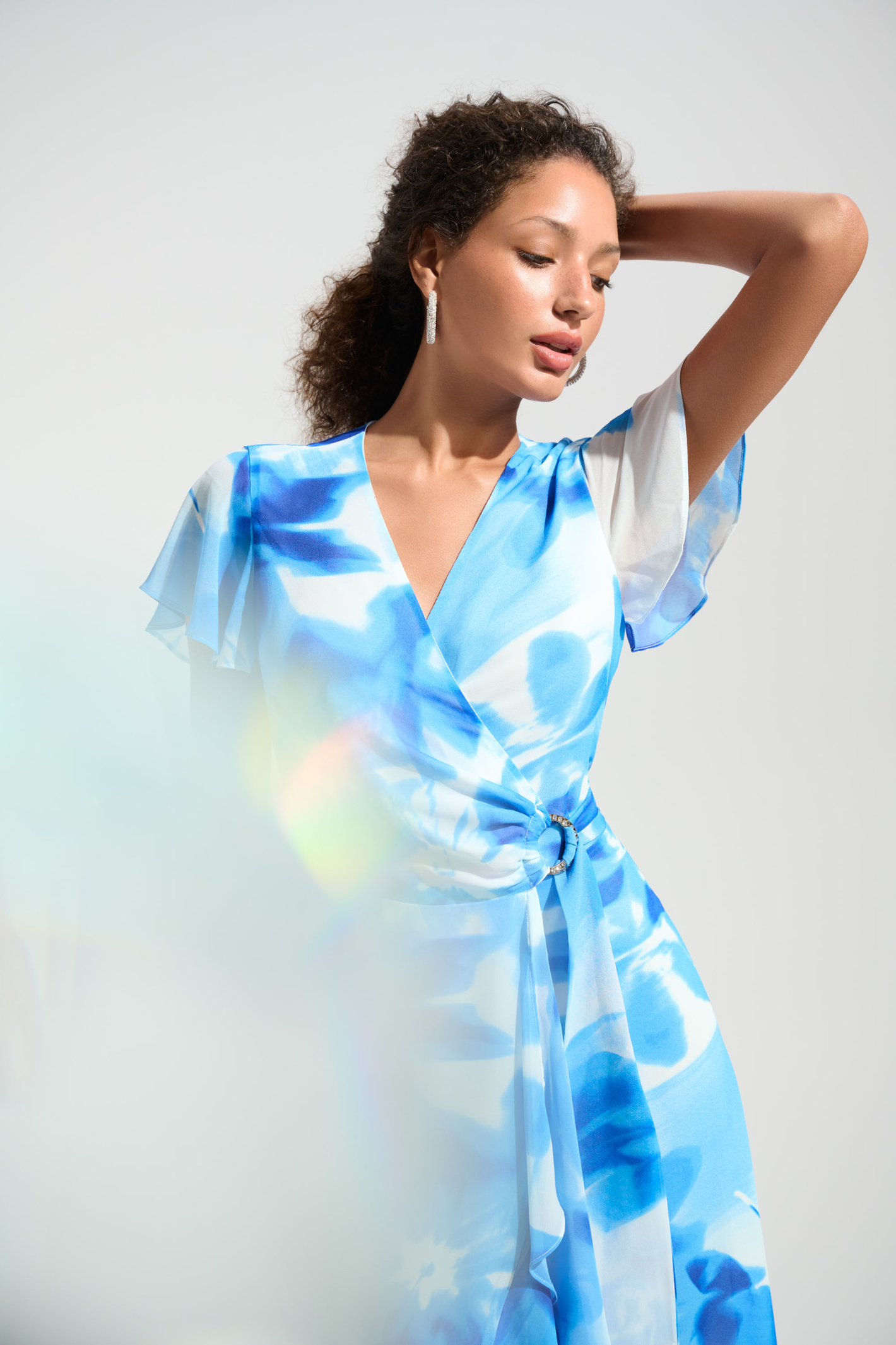 Joseph Ribkoff 261739 Vanilla and Blue chiffon wrap dress with ruffle detail