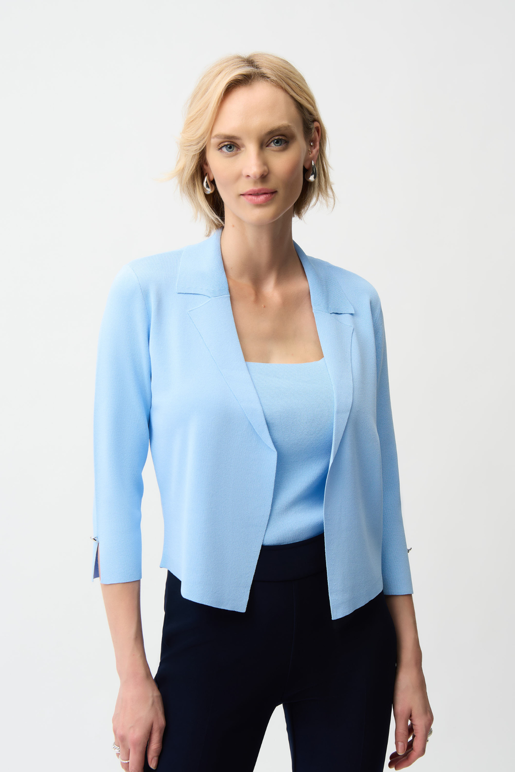 Women’s lightweight sky blue cardigan with slit sleeves and button detail by Joseph Ribkoff.