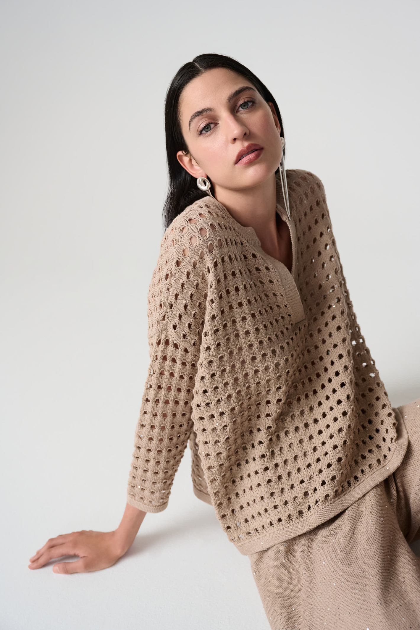 Joseph Ribkoff 261925 parchment open-stitch boxy cotton-blend sweater