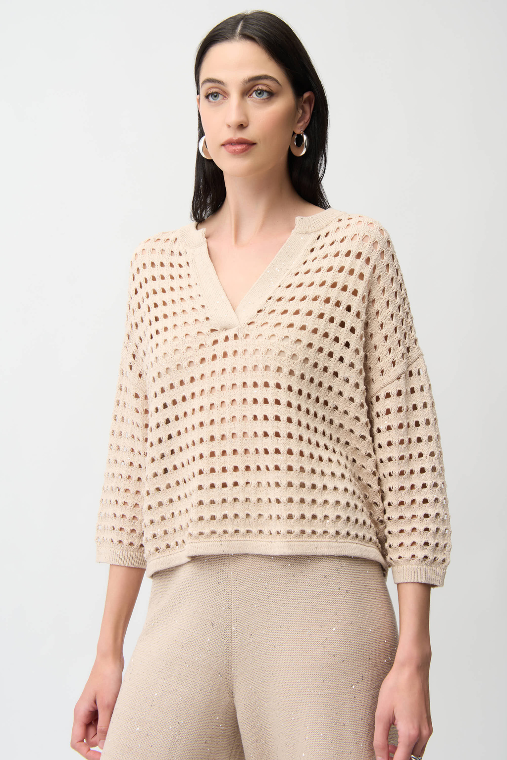 Joseph Ribkoff 261925 parchment open-stitch boxy cotton-blend sweater