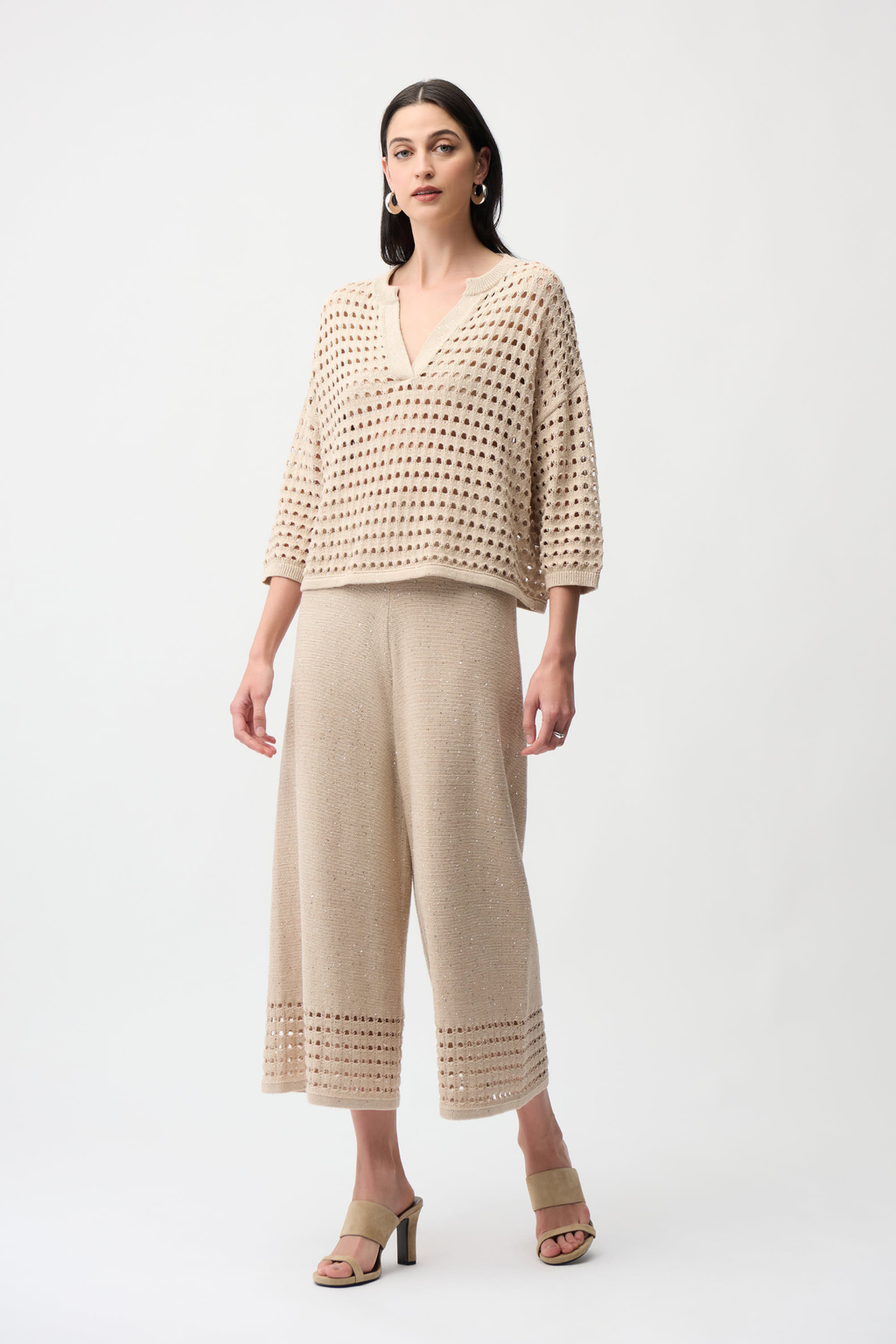Joseph Ribkoff 261925 parchment open-stitch boxy cotton-blend sweater