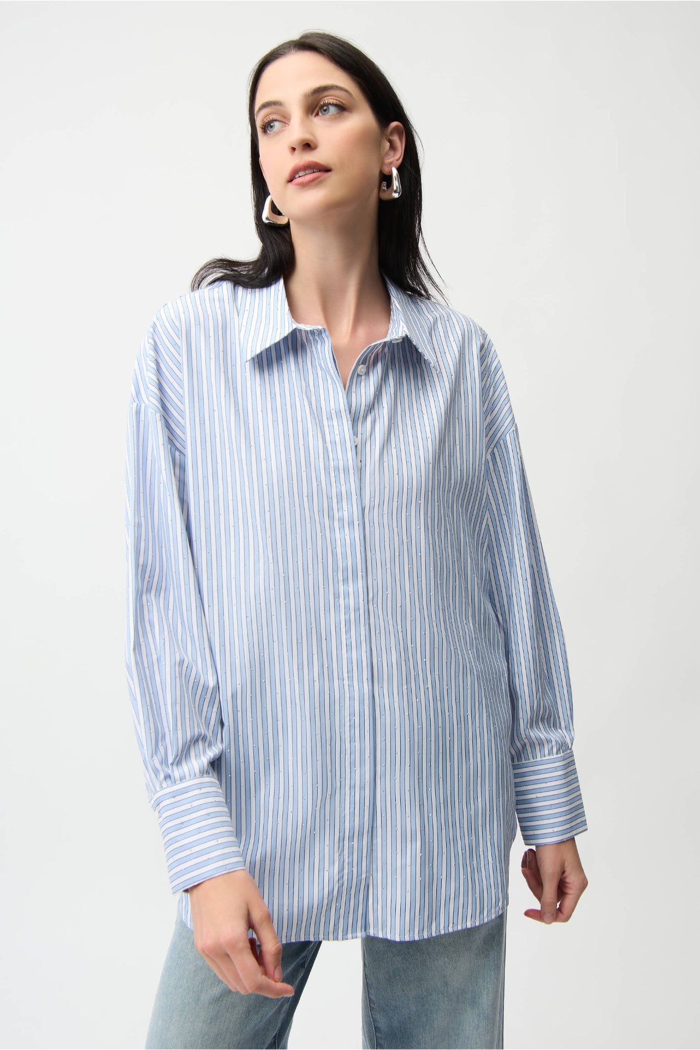 Joseph Ribkoff 261931 Blue/ Vanilla Tencel Stripe Print Boxy Blouse by joseph ribkoff shop the vendor at Dotique front model view