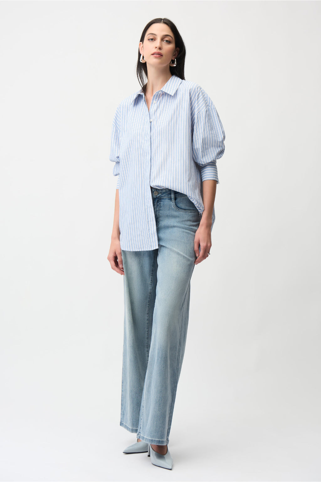 Joseph Ribkoff 261931 Blue/ Vanilla Tencel Stripe Print Boxy Blouse by joseph ribkoff shop the vendor at Dotique full body front view
