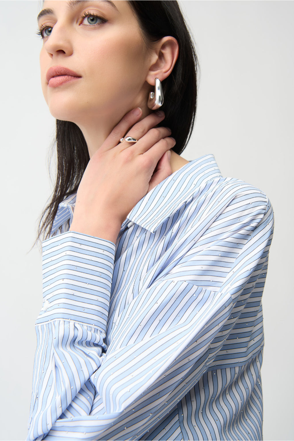 Joseph Ribkoff 261931 Blue/ Vanilla Tencel Stripe Print Boxy Blouse by joseph ribkoff shop the brand at Dotique close up front view
