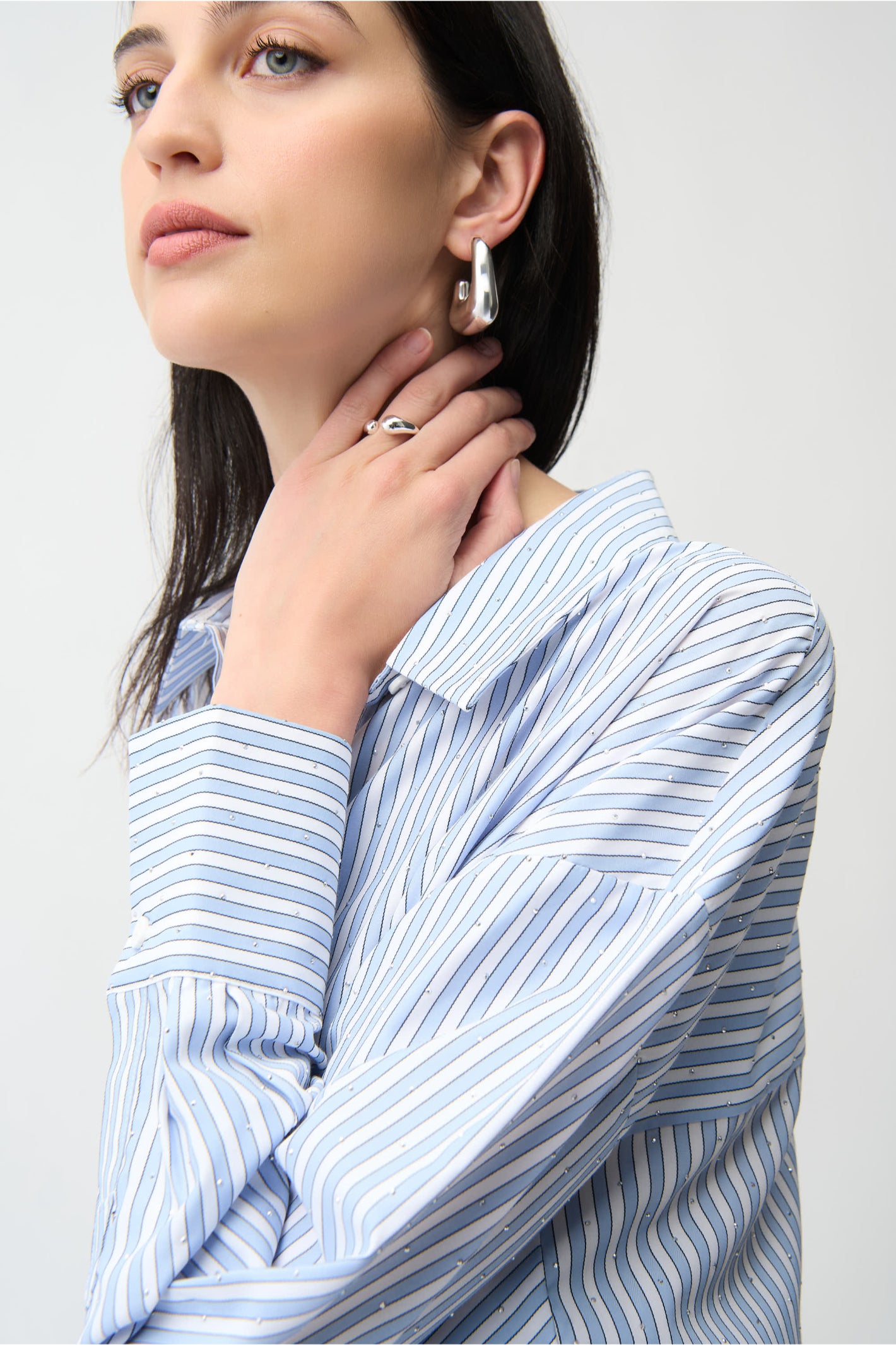 Joseph Ribkoff 261931 Blue/ Vanilla Tencel Stripe Print Boxy Blouse by joseph ribkoff shop the brand at Dotique close up front view