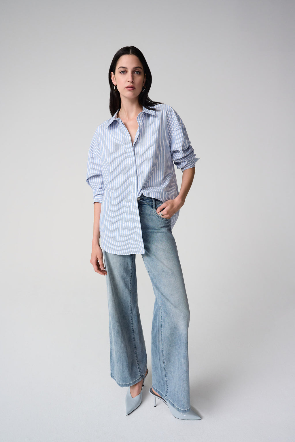 Joseph Ribkoff 261931 Blue/ Vanilla Tencel Stripe Print Boxy Blouse by joseph ribkoff shop the brand at Dotique full length front view