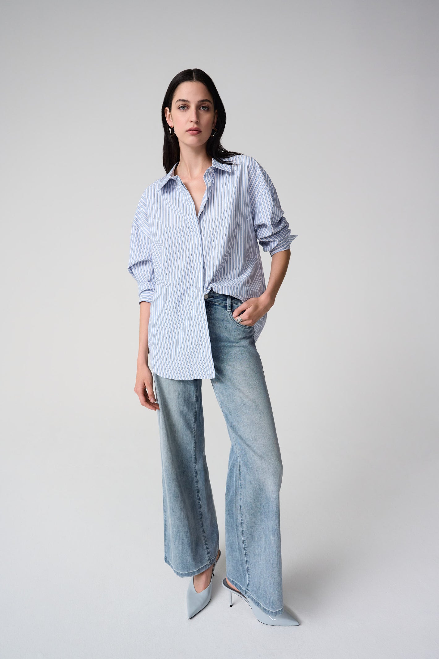 Joseph Ribkoff 261931 Blue/ Vanilla Tencel Stripe Print Boxy Blouse by joseph ribkoff shop the brand at Dotique full length front view