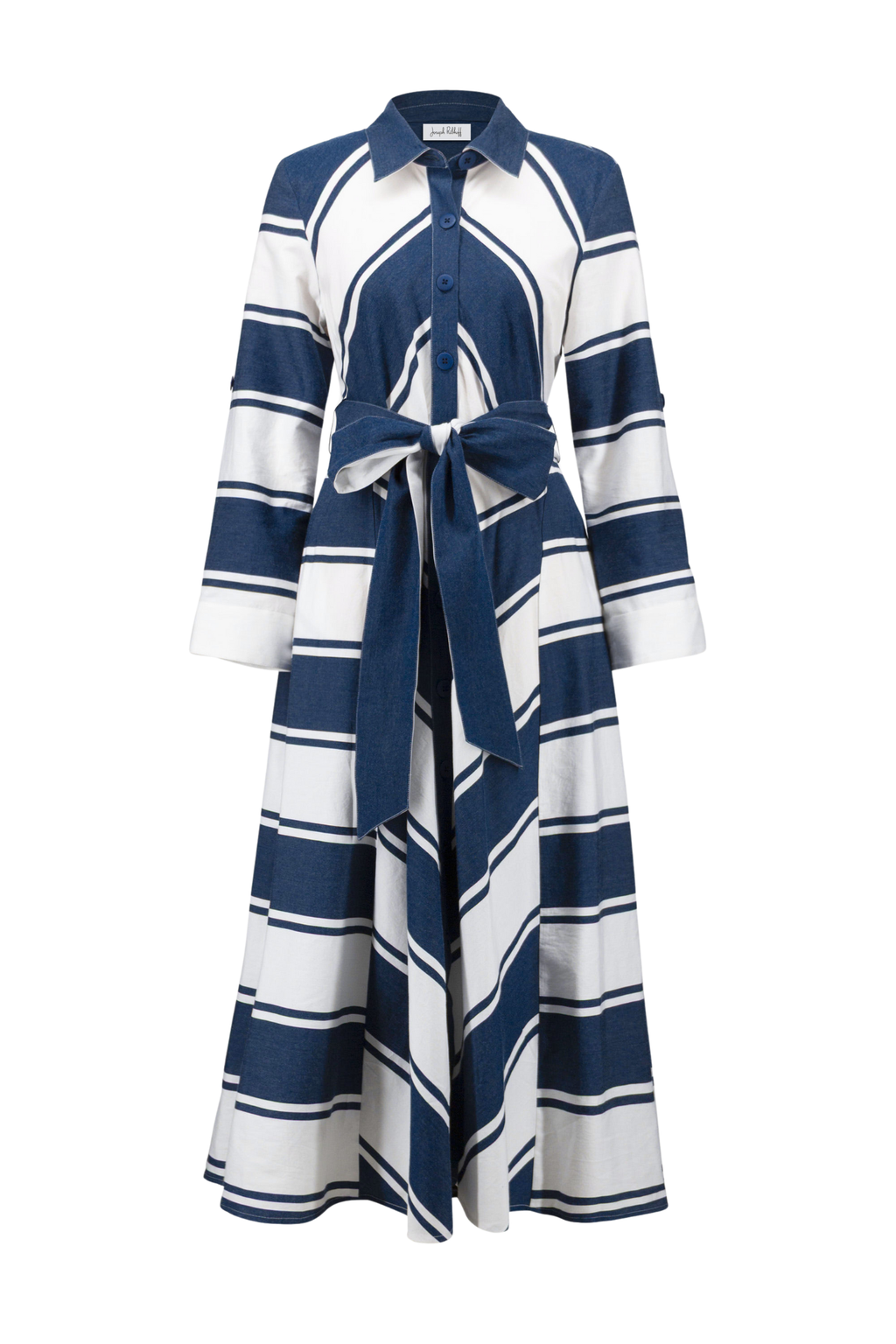 Joseph Ribkoff 261936 navy and white stripe fit-and-flare shirt dress with sash