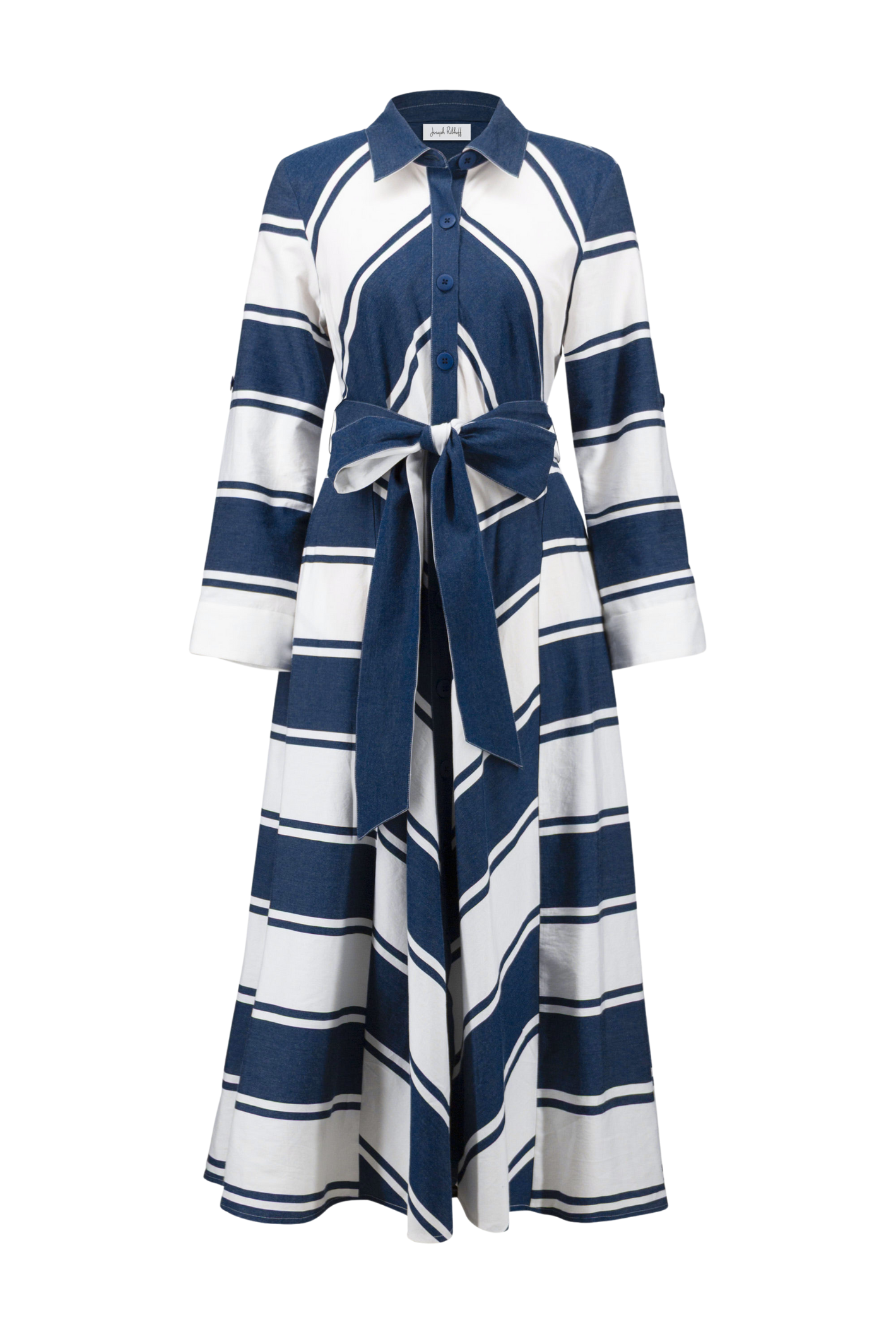 Joseph Ribkoff 261936 navy and white stripe fit-and-flare shirt dress with sash