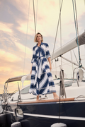 Joseph Ribkoff 261936 navy and white stripe fit-and-flare shirt dress with sash