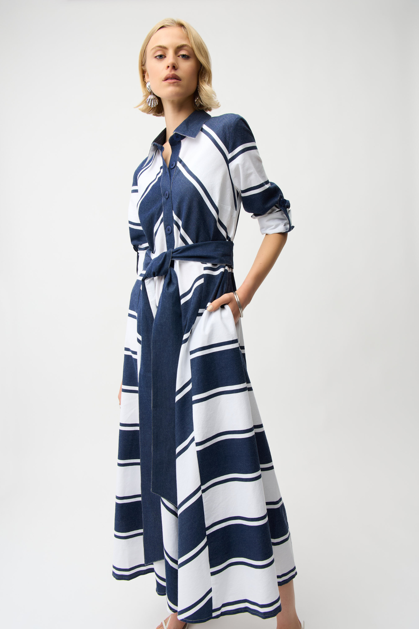 Joseph Ribkoff 261936 navy and white stripe fit-and-flare shirt dress with sash
