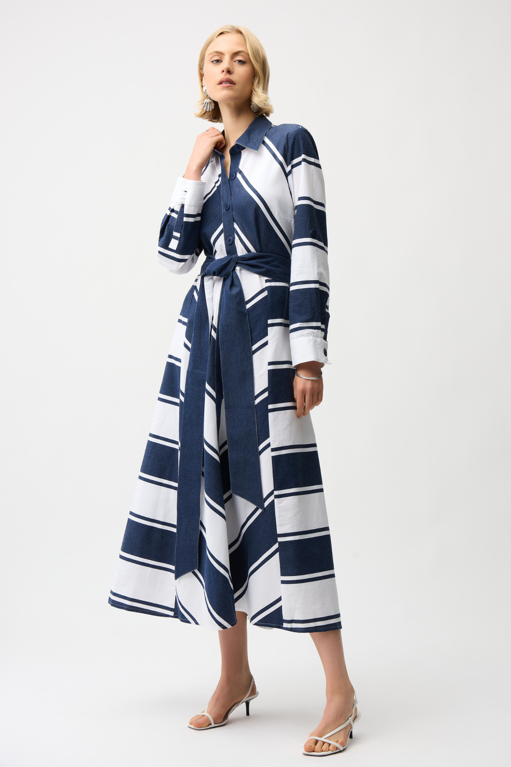 Joseph Ribkoff 261936 navy and white stripe fit-and-flare shirt dress with sash