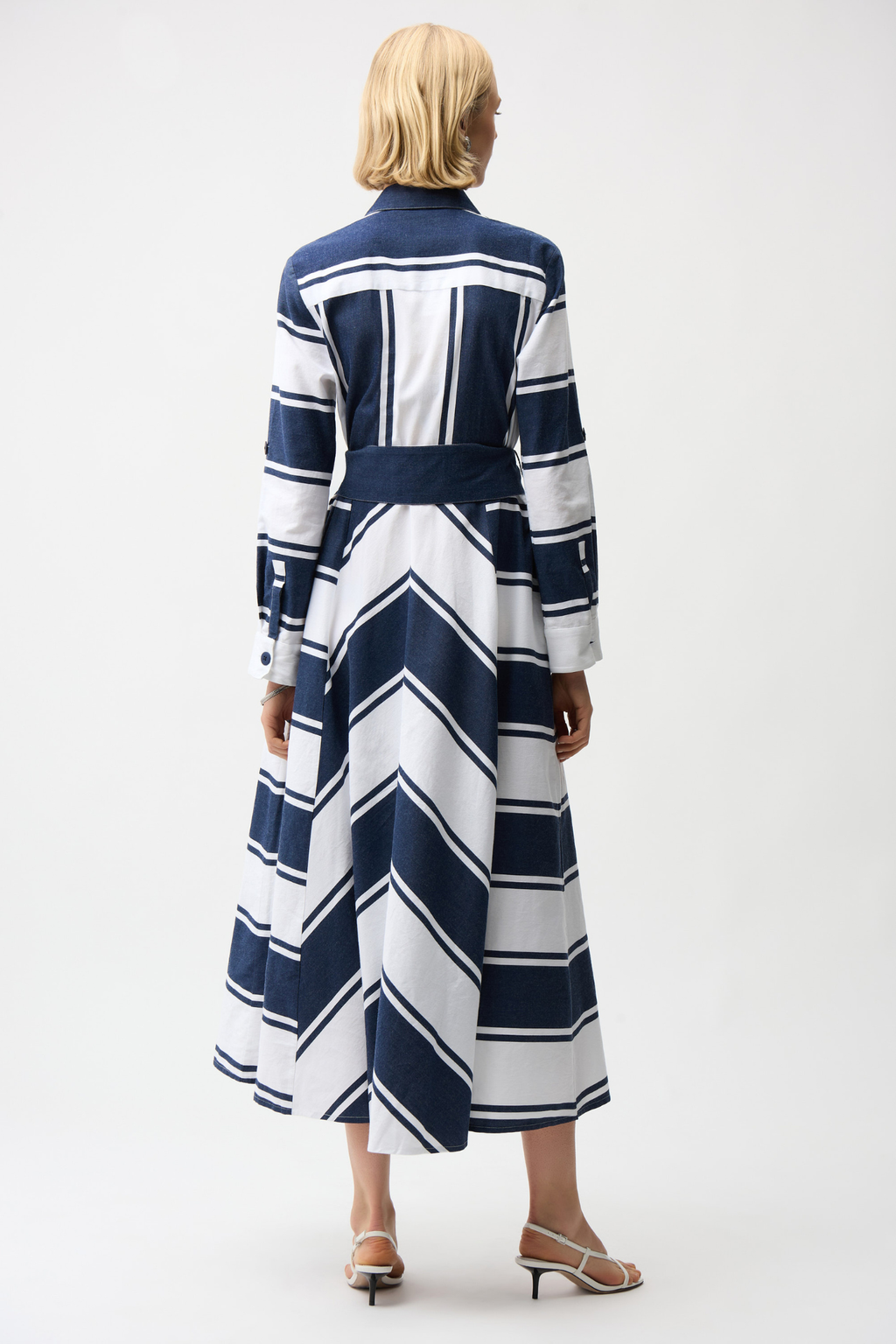 Joseph Ribkoff 261936 navy and white stripe fit-and-flare shirt dress with sash