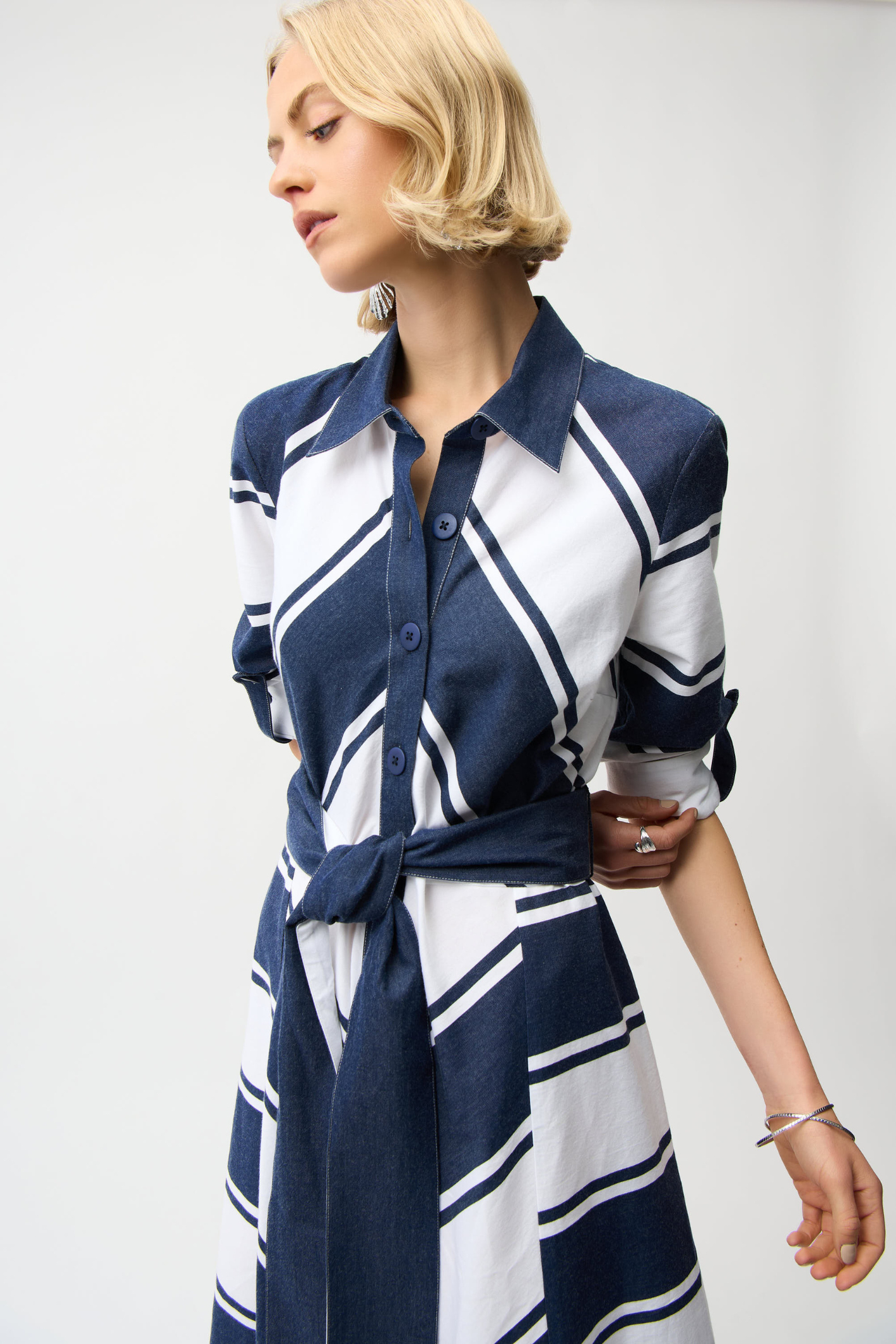 Joseph Ribkoff 261936 navy and white stripe fit-and-flare shirt dress with sash