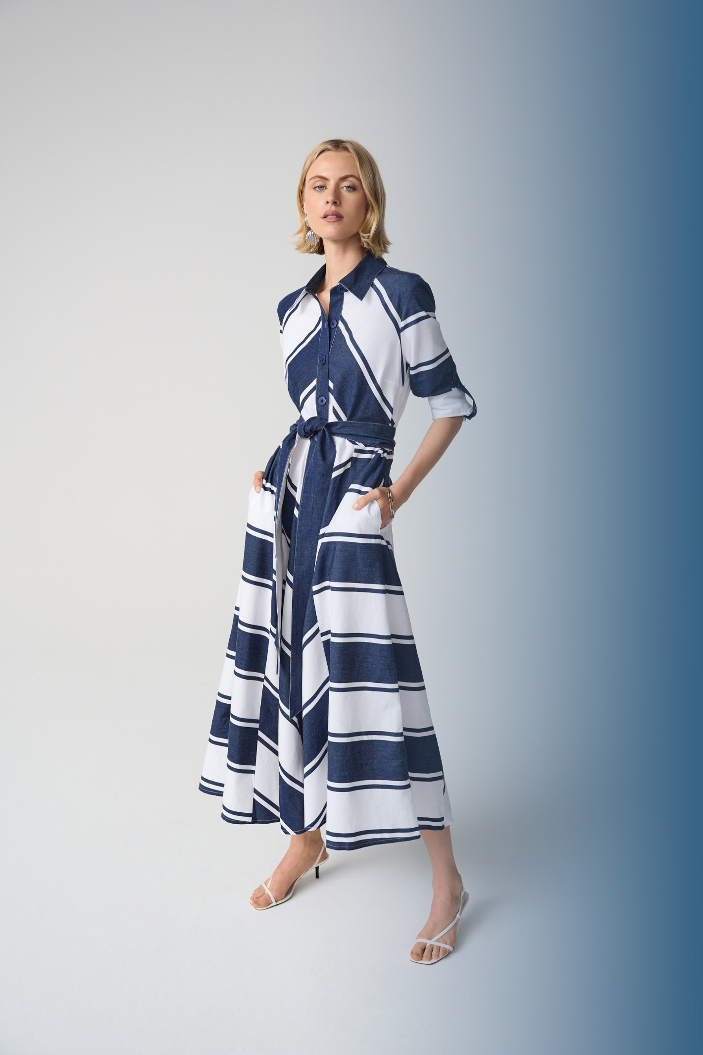 Joseph Ribkoff 261936 navy and white stripe fit-and-flare shirt dress with sash