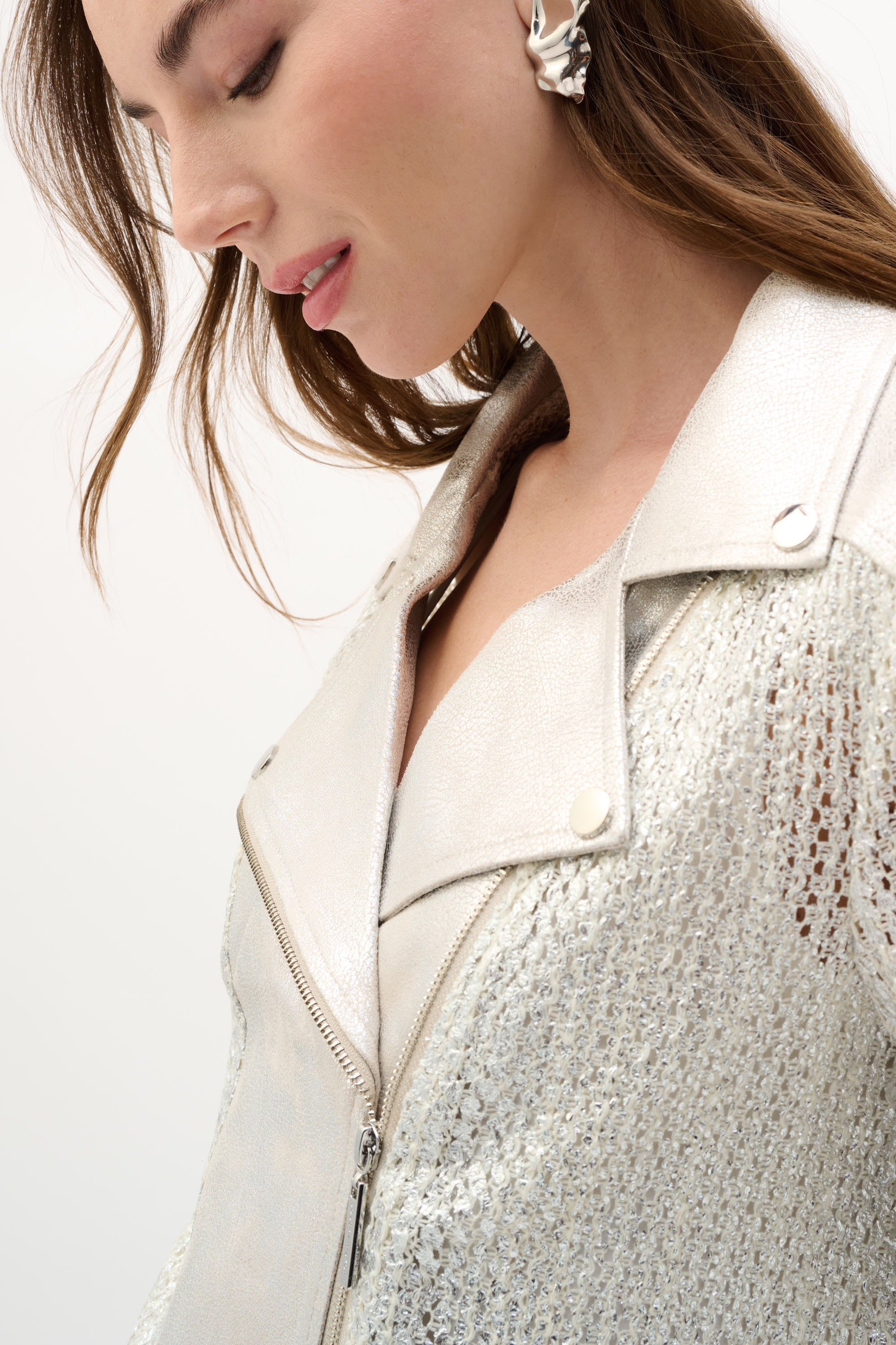 Joseph Ribkoff 262902 Champagne/ Silver Faux Suede Foiled Knit Moto Jacket by joseph ribkoff shop the brand at Dotique close up view