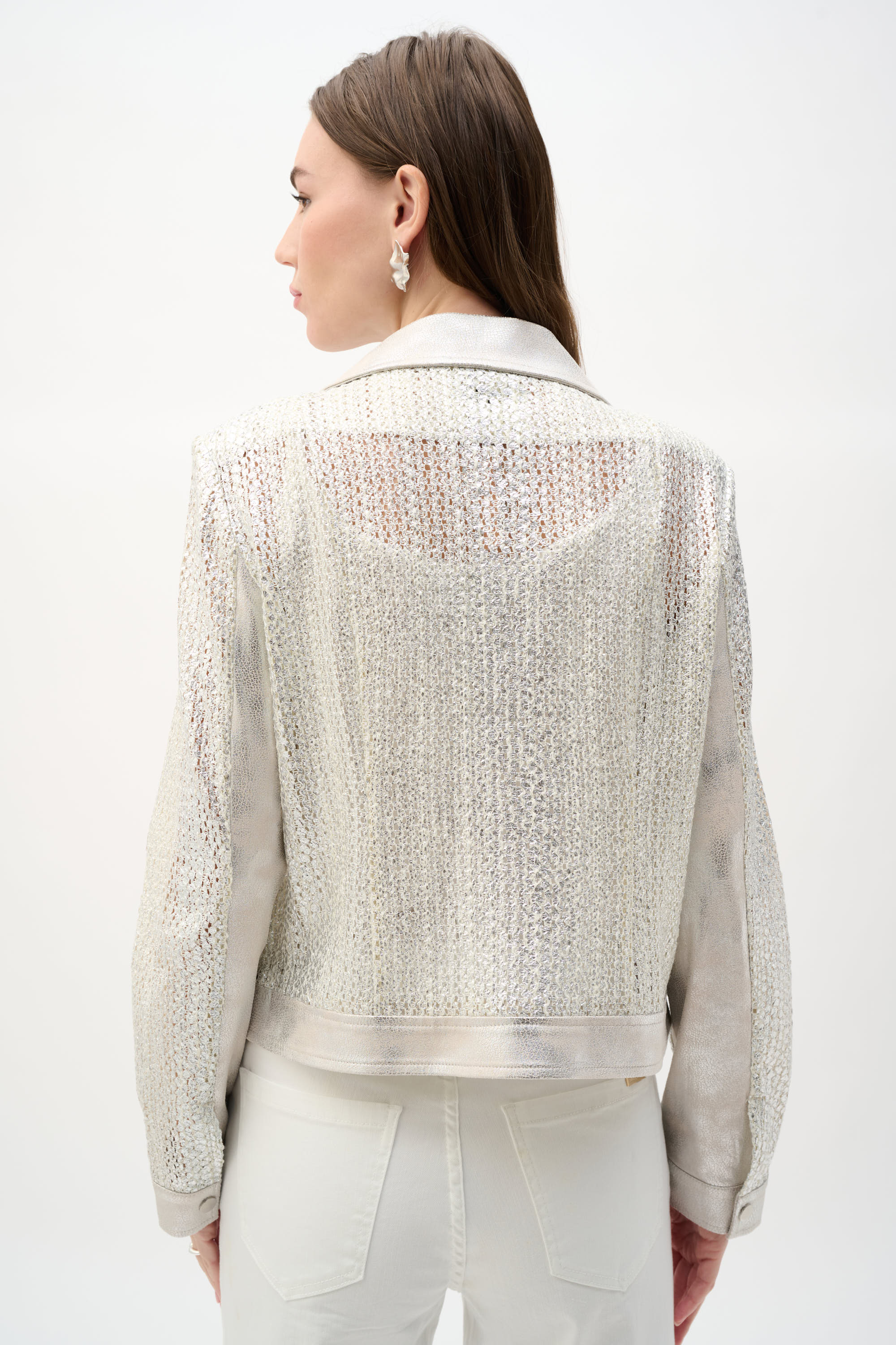 Joseph Ribkoff 262902 Champagne/ Silver Faux Suede Foiled Knit Moto Jacket by joseph ribkoff shop the brand at Dotique back view
