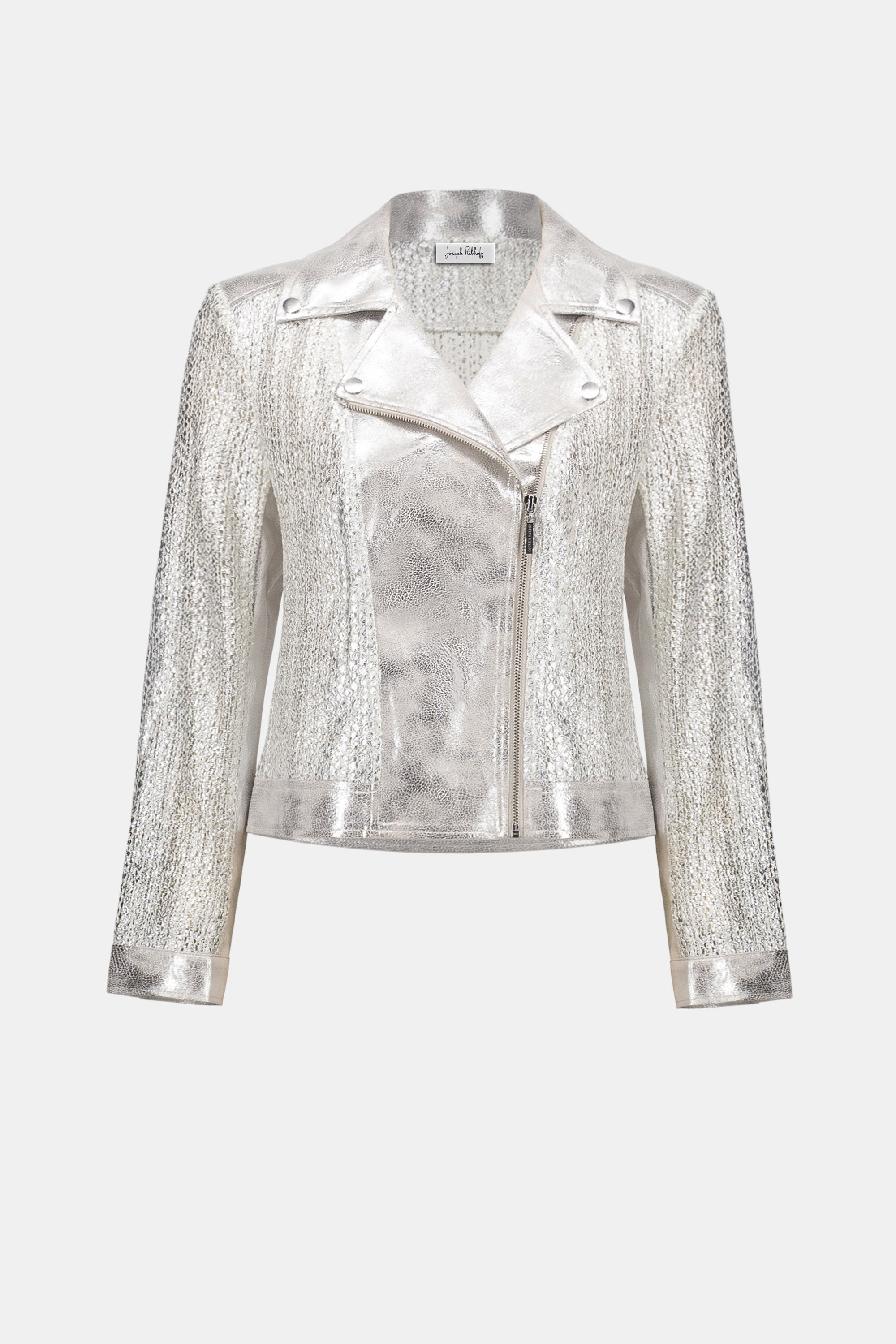 Joseph Ribkoff 262902 Champagne Silver Faux Suede Foiled Knit Moto Jacket by joseph ribkoff shop the brand at Dotique front view