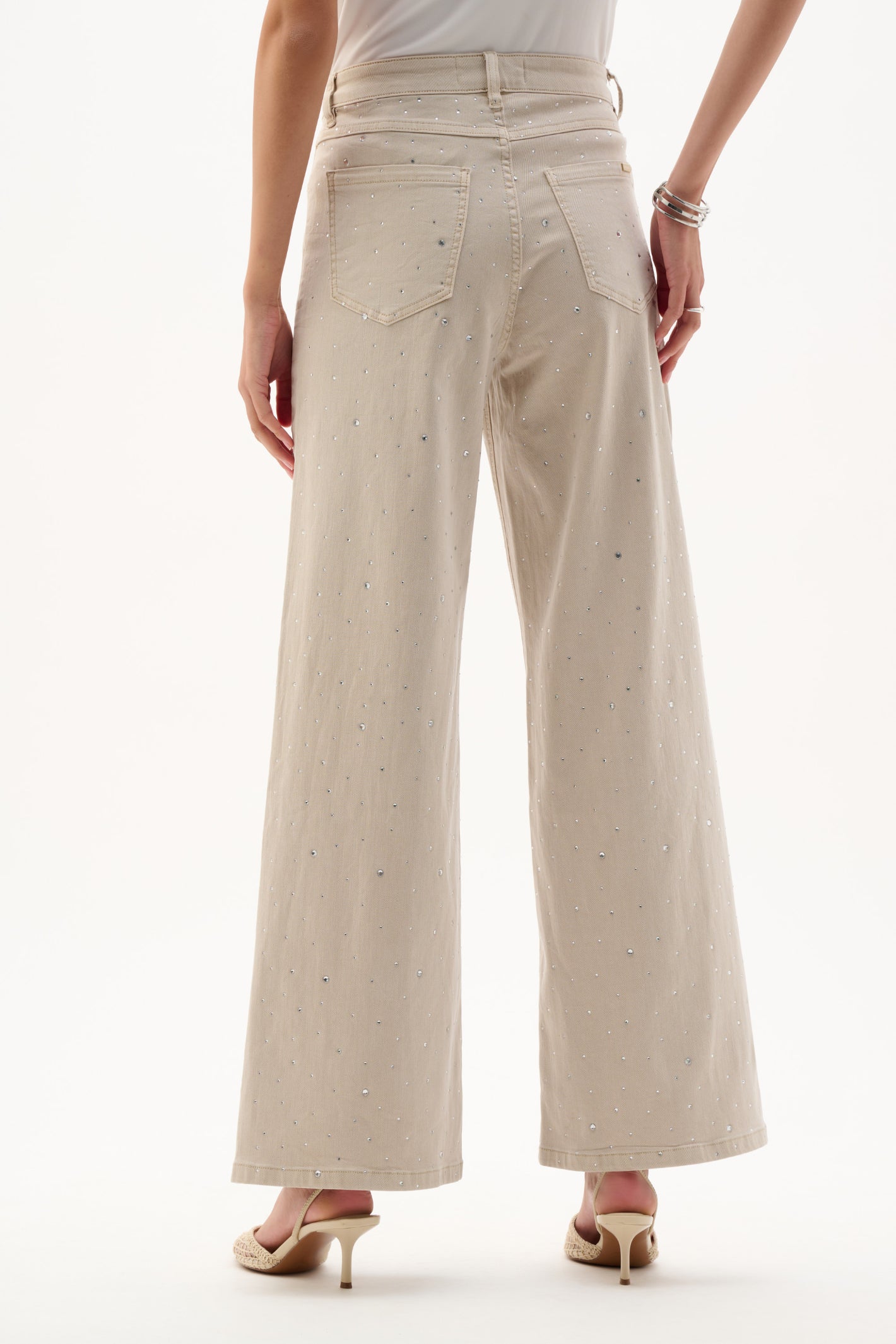 Back view of Joseph Ribkoff 262940 Moonstone Featherweave™ Denim Wide Leg Jeans With Rhinestones by Joseph Ribkoff, shop Dotique.