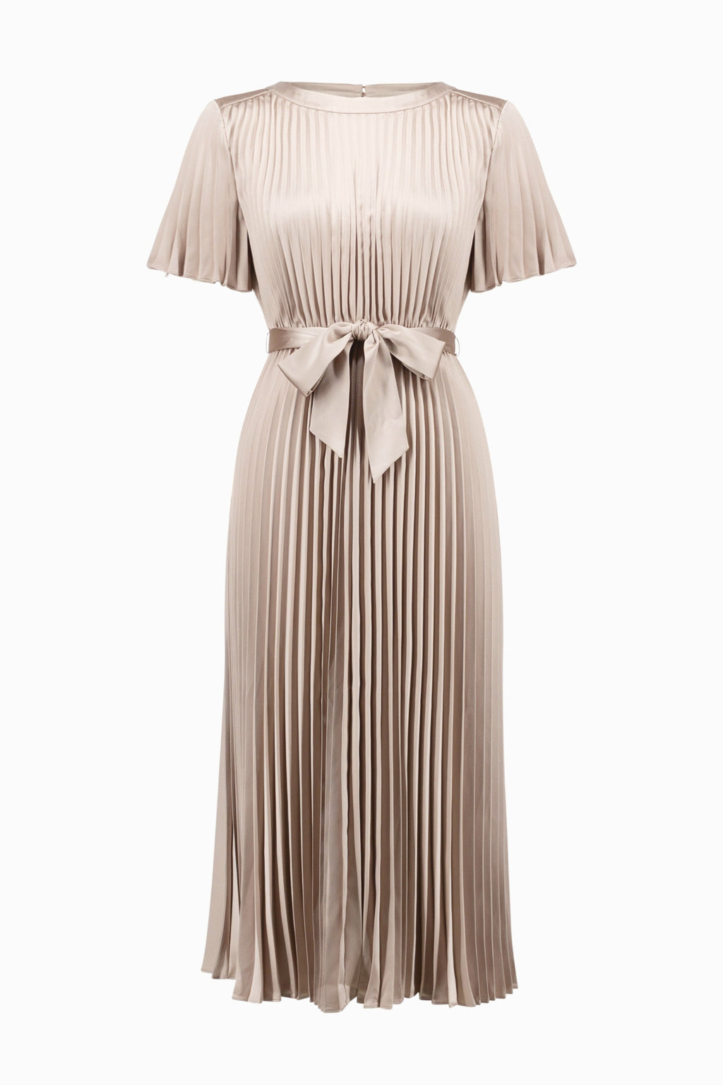 Joseph Ribkoff 261752 Signature Pleated Satin Fit & Flare Midi Dress Champagne available to shop at Dotique