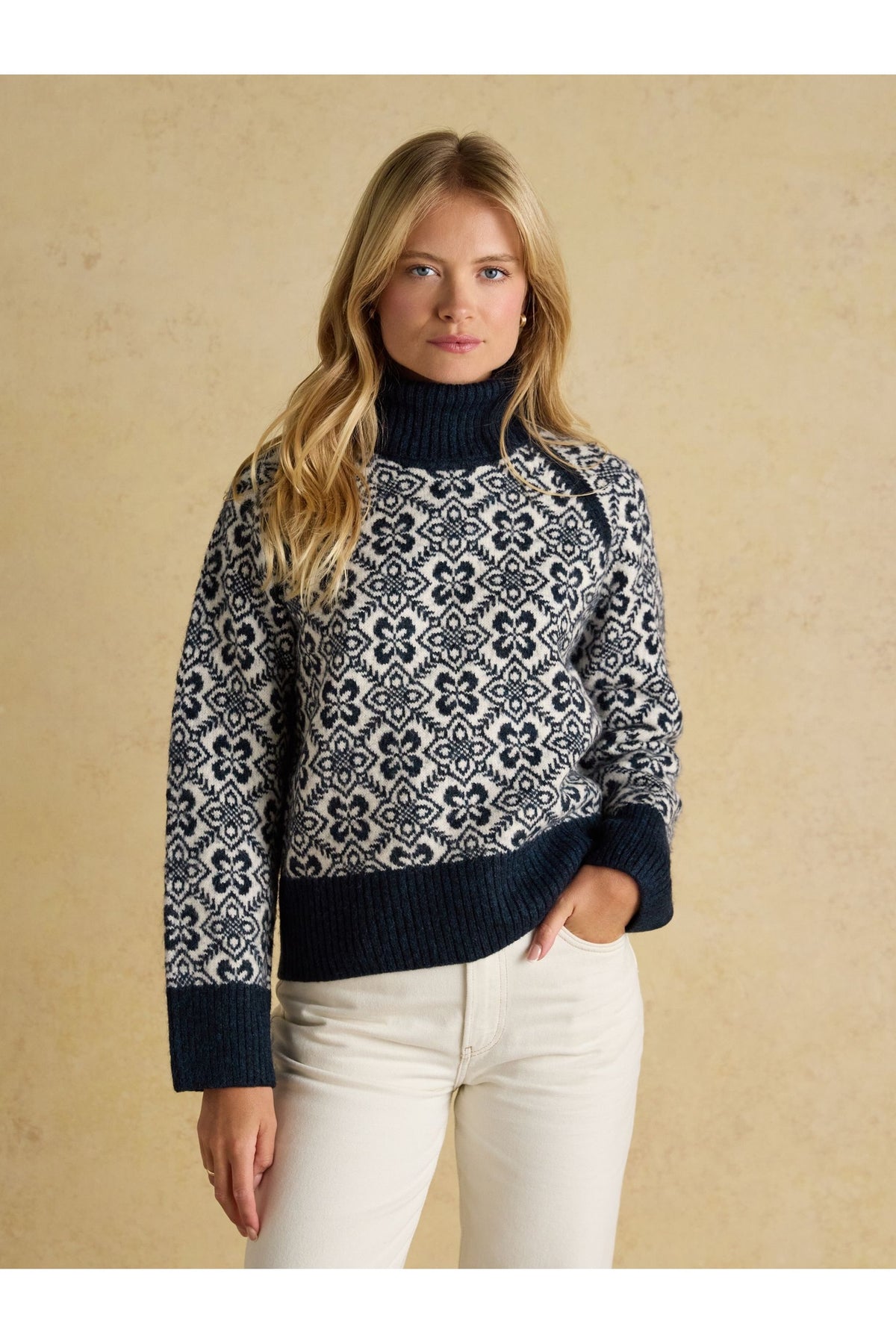 Joules Addison Blue Patterned Jumper with Detachable Roll Neck. Shop Joules at Dotique.