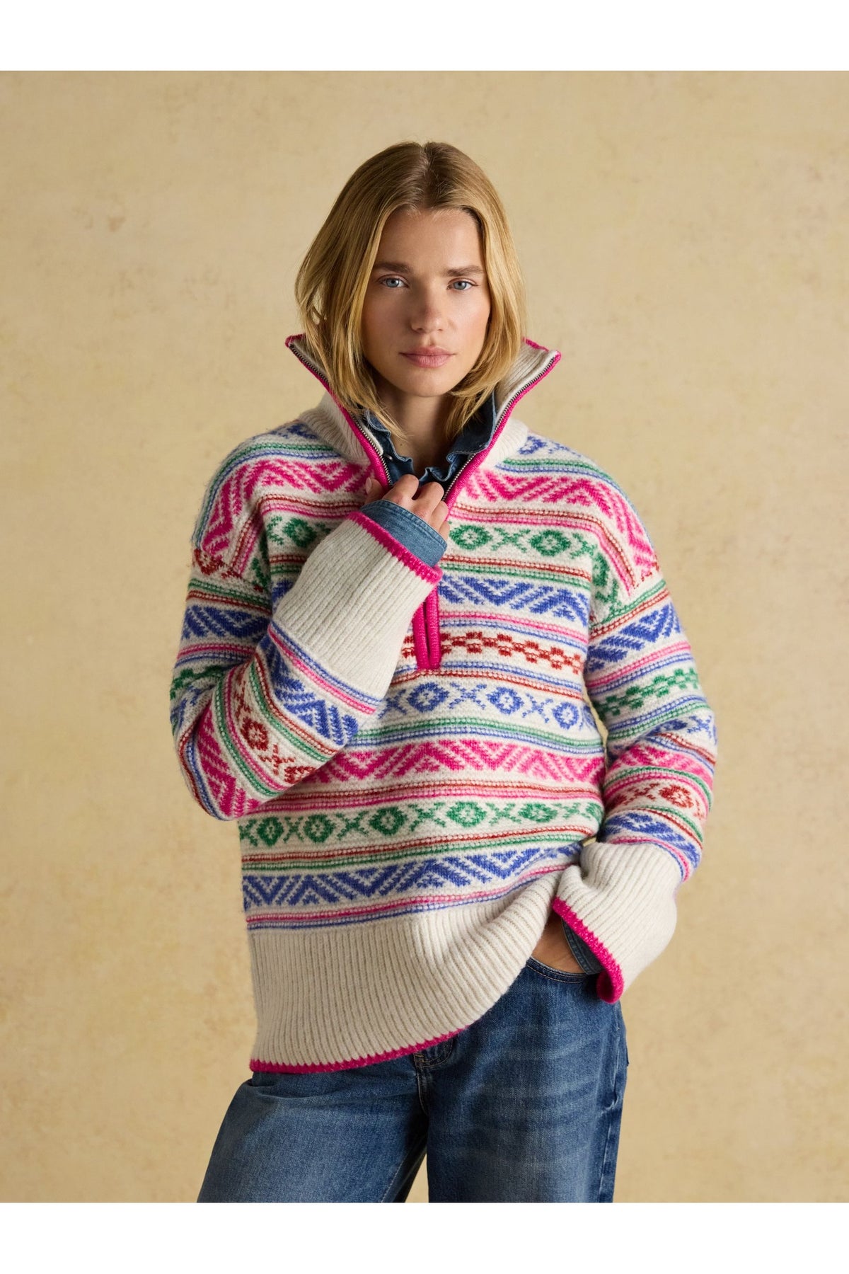 Joules Allaway Cream Fair Isle Quarter-Zip Jumper. Shop Joules at Dotique.