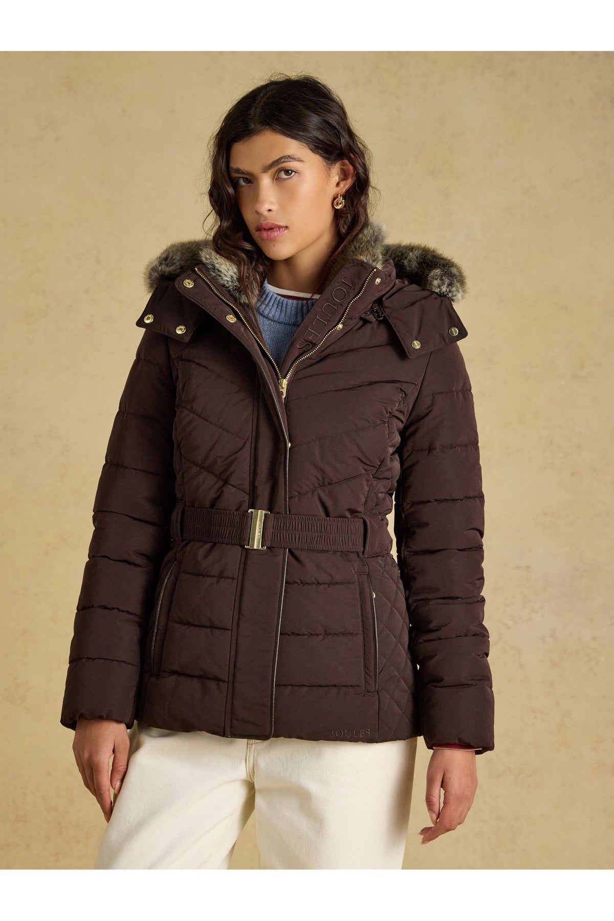 Joules Aspen Chocolate Brown Showerproof Padded Coat. Shop Joules at Dotique.