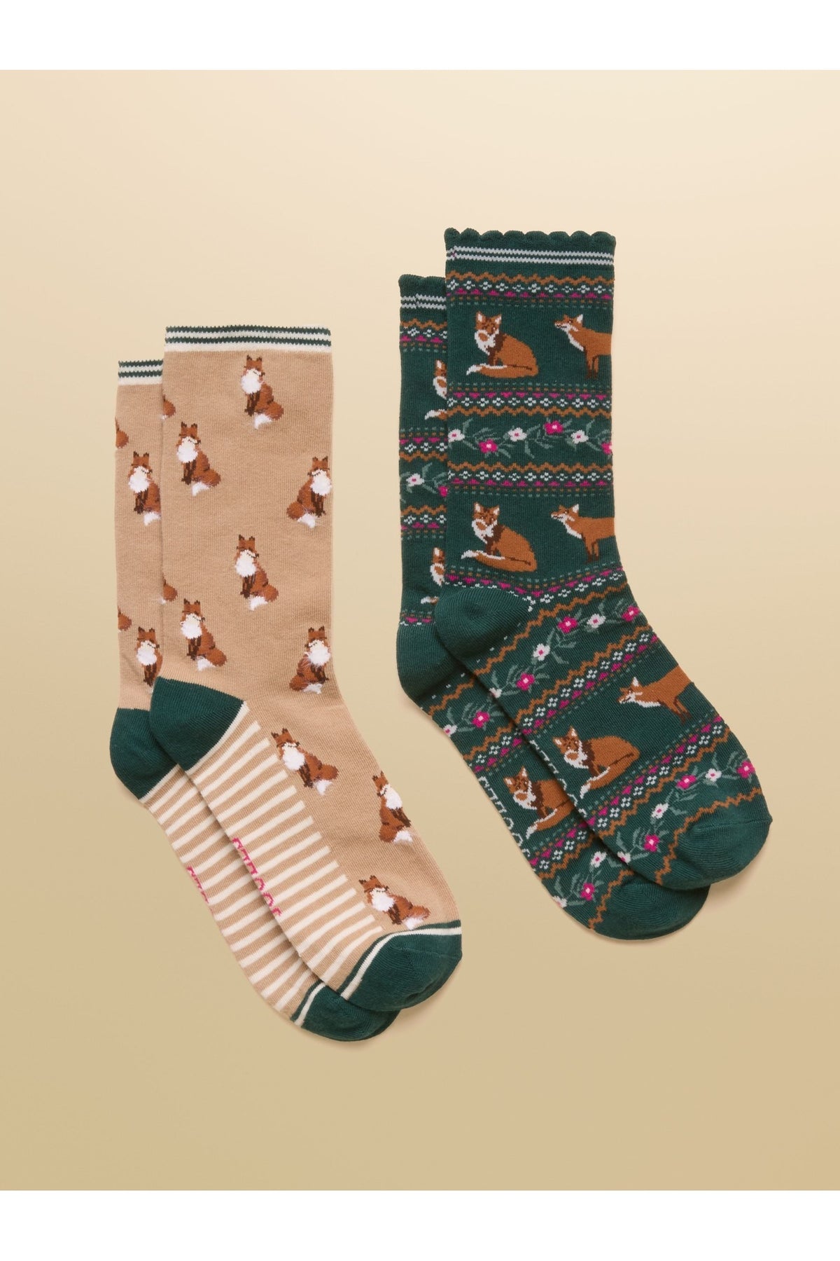Joules Everyday Neutral Green Fox Socks – 2 Pack. Shop Joules at Dotique.