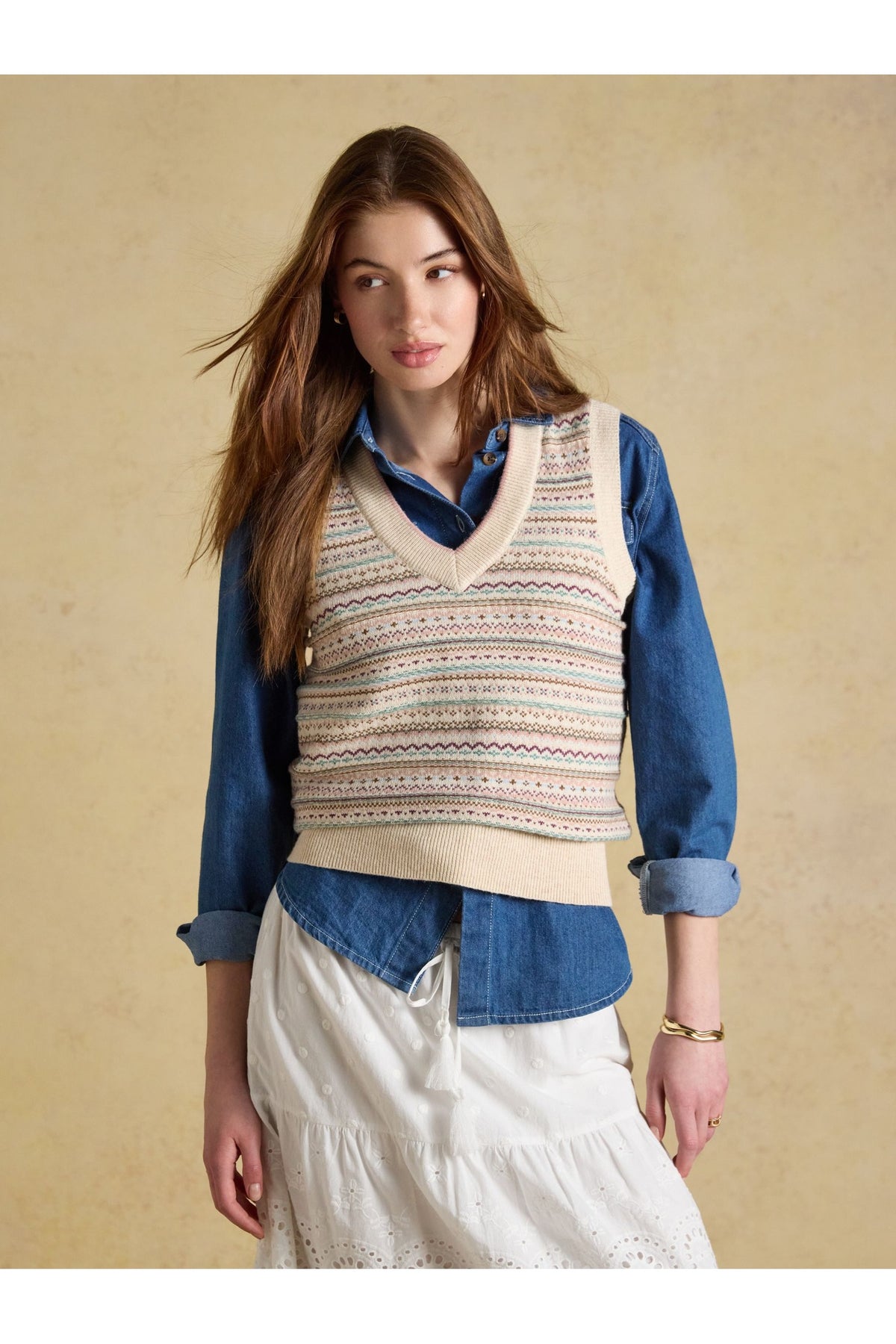Joules Oatmeal Fair Isle V-Neck Knitted Tank. Shop Joules at Dotique.