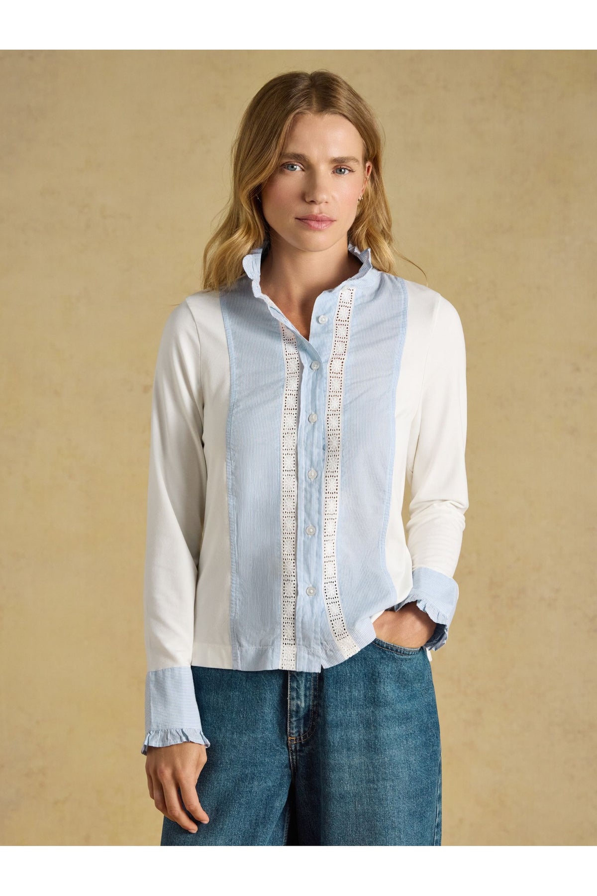 Joules Felicity Blue & White Stripe Lace Insert Jersey Shirt. Shop Joules at Dotique.
