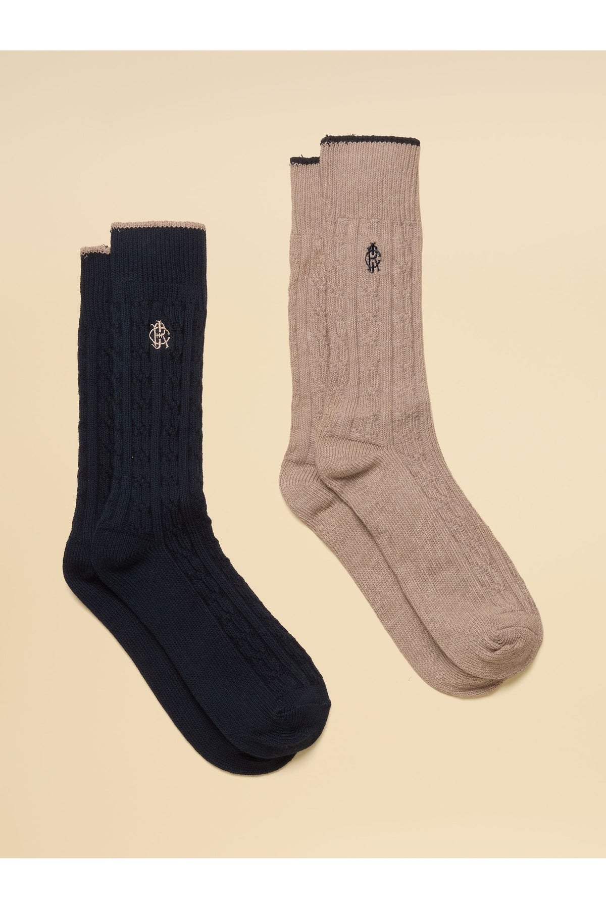 Joules Men's Cable Knit Navy & Tan Socks – 2 Pack. Shop Joules at Dotique.