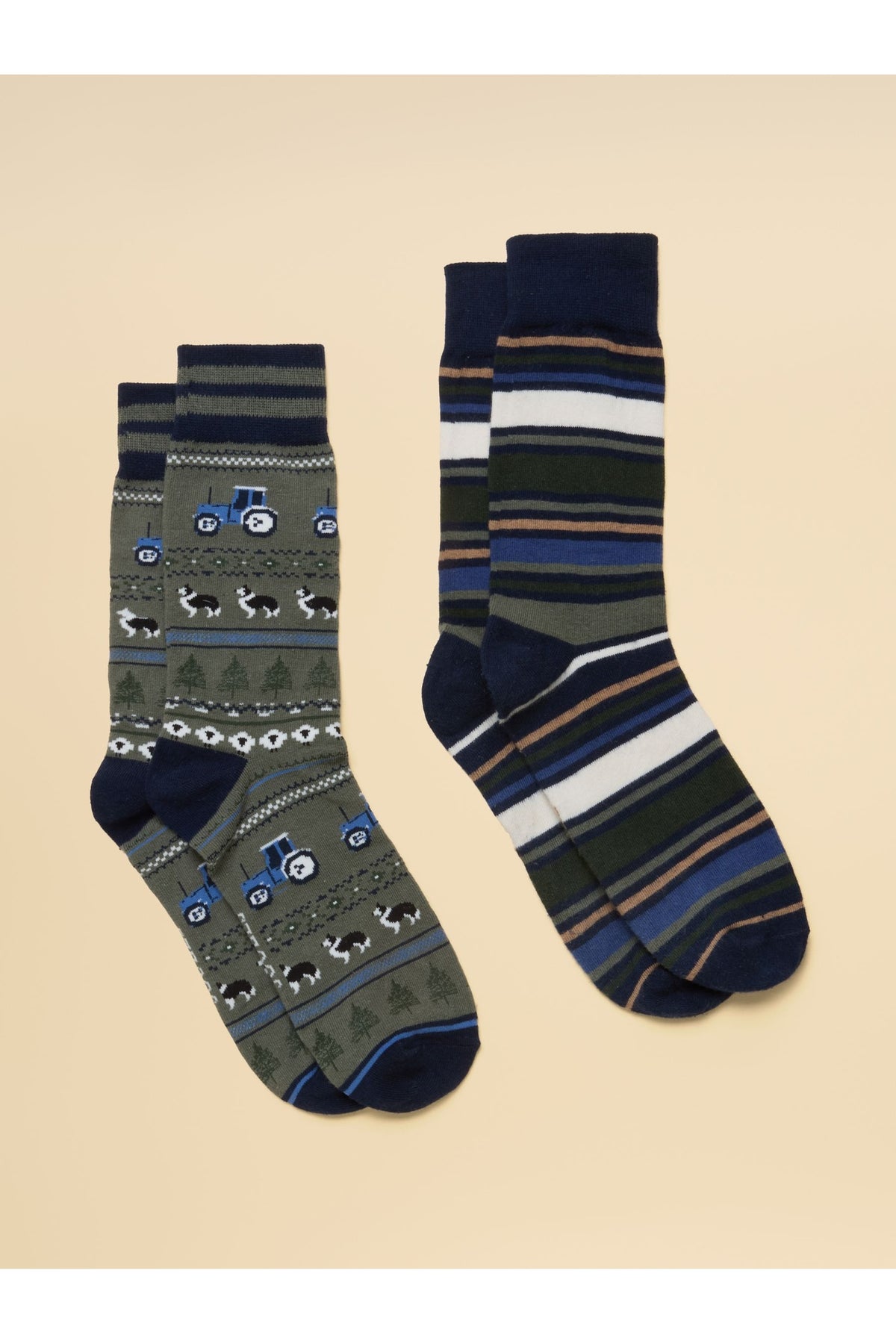 Joules Men's Kingsbury Khaki Fairisle/Stripe Socks – 2 Pack. Shop Joules at Dotique.