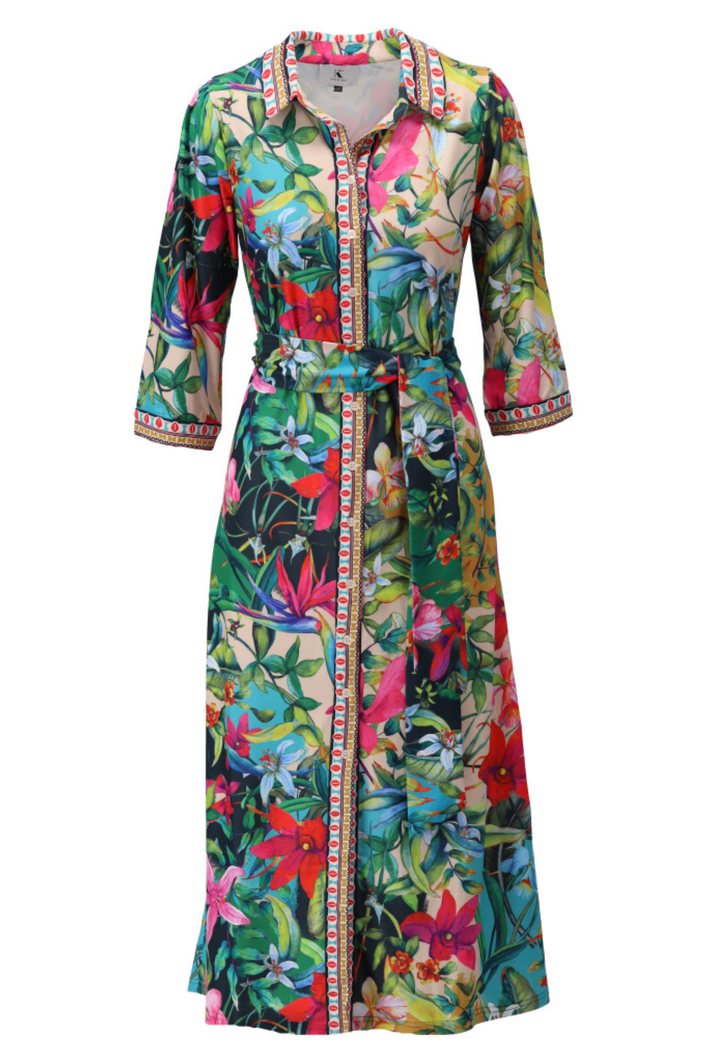 K Design tropical print button-up maxi dress with three-quarter sleeves and belted waist on white background