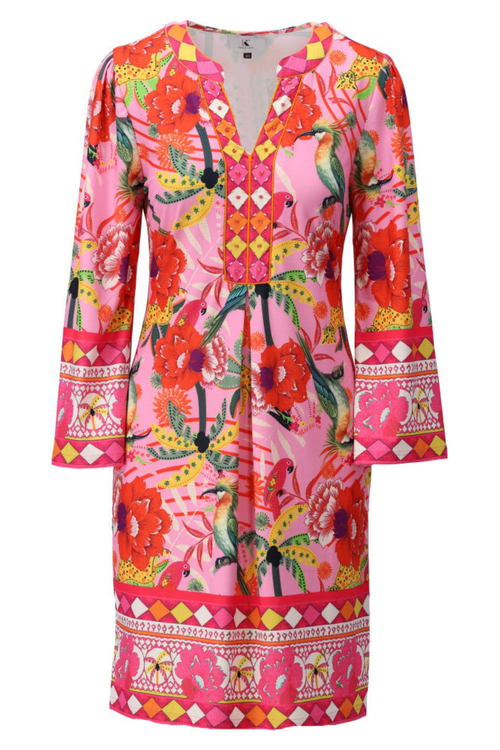 K Design C411 Bold Print Midi Dress (P136) by K Design featuring vibrant floral and bird patterns, shop K Design at Dotique