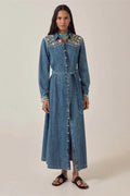 Front view of Maison Hotel Amelia Dress Arizona with embroidered yoke and cuffs worn by model Shop Maison Hotel at Dotique gallery 1